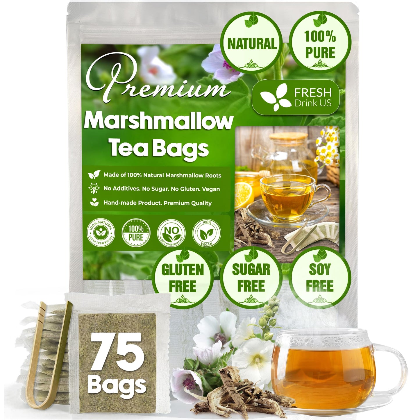 FRESHDRINKUS Premium Marshmallow Root Herbal Tea Bags, 100% Natural, Eco-Conscious, 75 Count