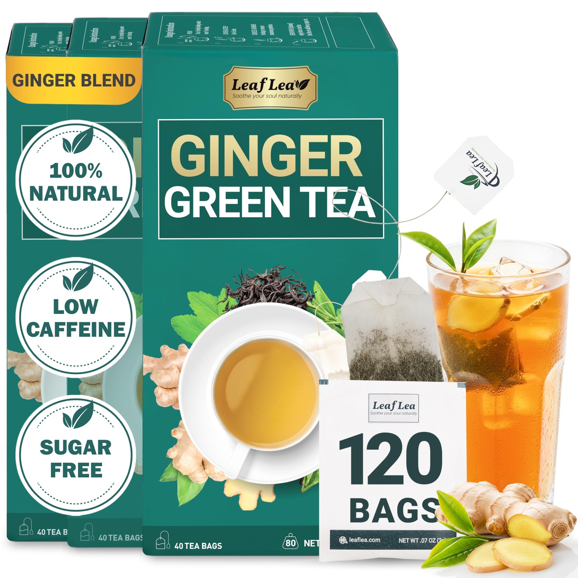 LeafLea Ginger Green Tea - Premium Green Tea Blend, 120 Tea Bags, Sugar-Free, Low Caffeine, Supports Digestive Wellness