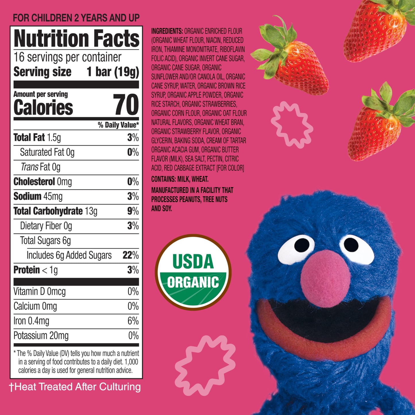 Earths Best Organic Kids Snacks, Sesame Street Toddler Snacks, Organic Sunny Days Snack Bars For Toddlers 2 Years And Older, Strawberry With Other Natural Flavors, 16 Bars Per Box