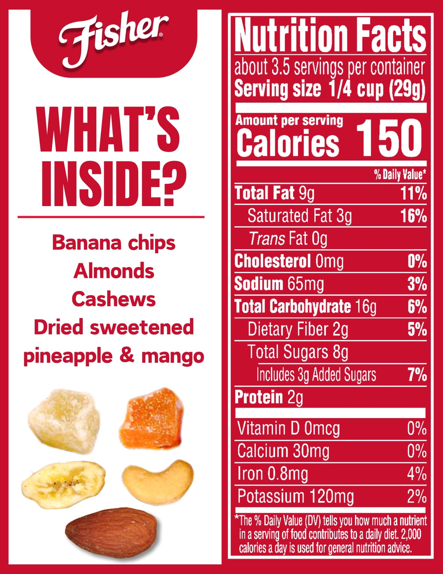 Fisher Snack Tropical Trail Mix, 3.5 Ounces (Pack Of 6), Banana Chips, Almonds, Cashews, Dried Sweetened Pineapple And Mango, Re
