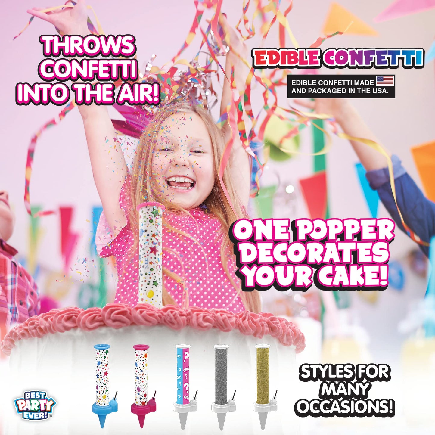 BEST PARTY EVER! Confetti Candle Cake Topper, Edible Sprinkles, 2-Pack, Blue