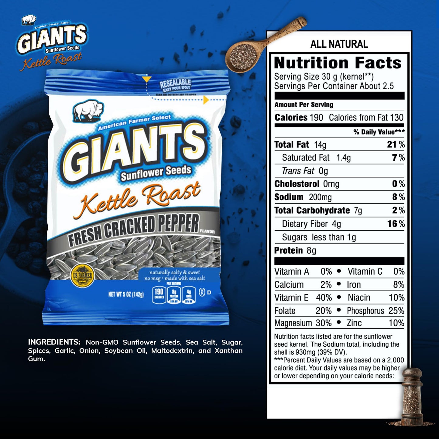 Giants Kettle Roast Fresh Cracked Pepper Sunflower Seeds - Sunflower Seeds Bulk, Roasted Sunflower Seeds To Eat, Healthy Snack,