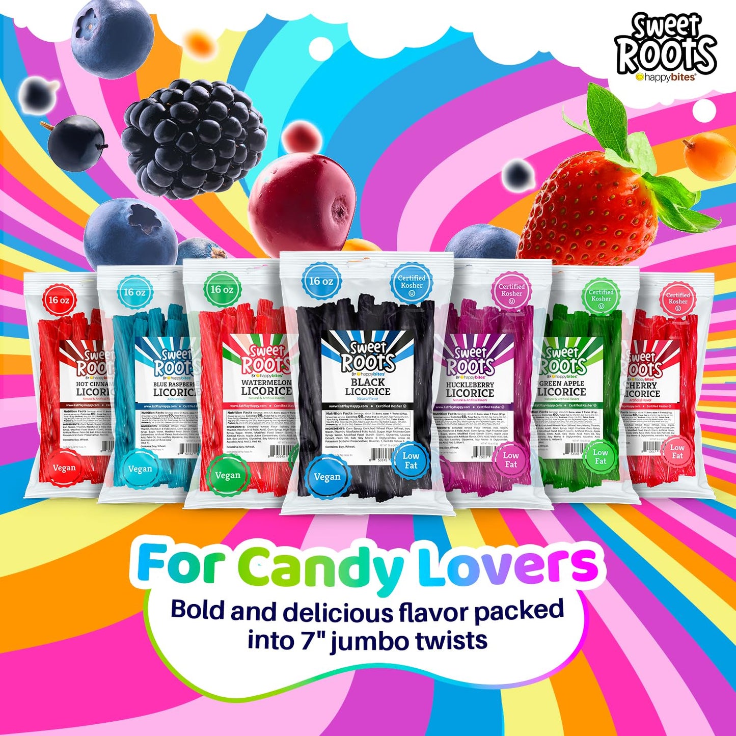 Sweet Roots By Happy Bites Black Licorice Twists (16 Oz) - Jumbo Size - Certified Kosher - Vegan - Gourmet - Low Fat