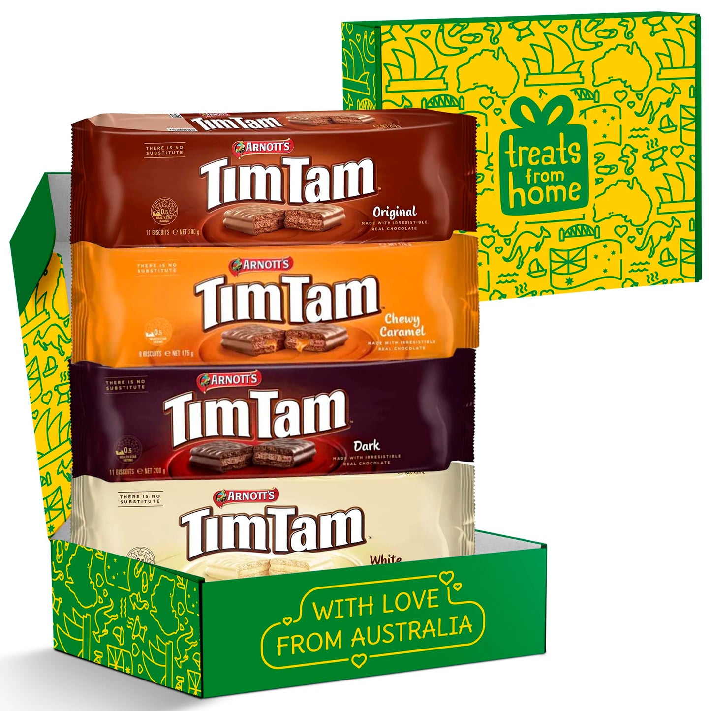 Tim Tam Cookies Gift, Snack Box, Australian Cookies Variety Pack with Chocolate Filling, 4 Pack Full of Original, Dark, Caramel