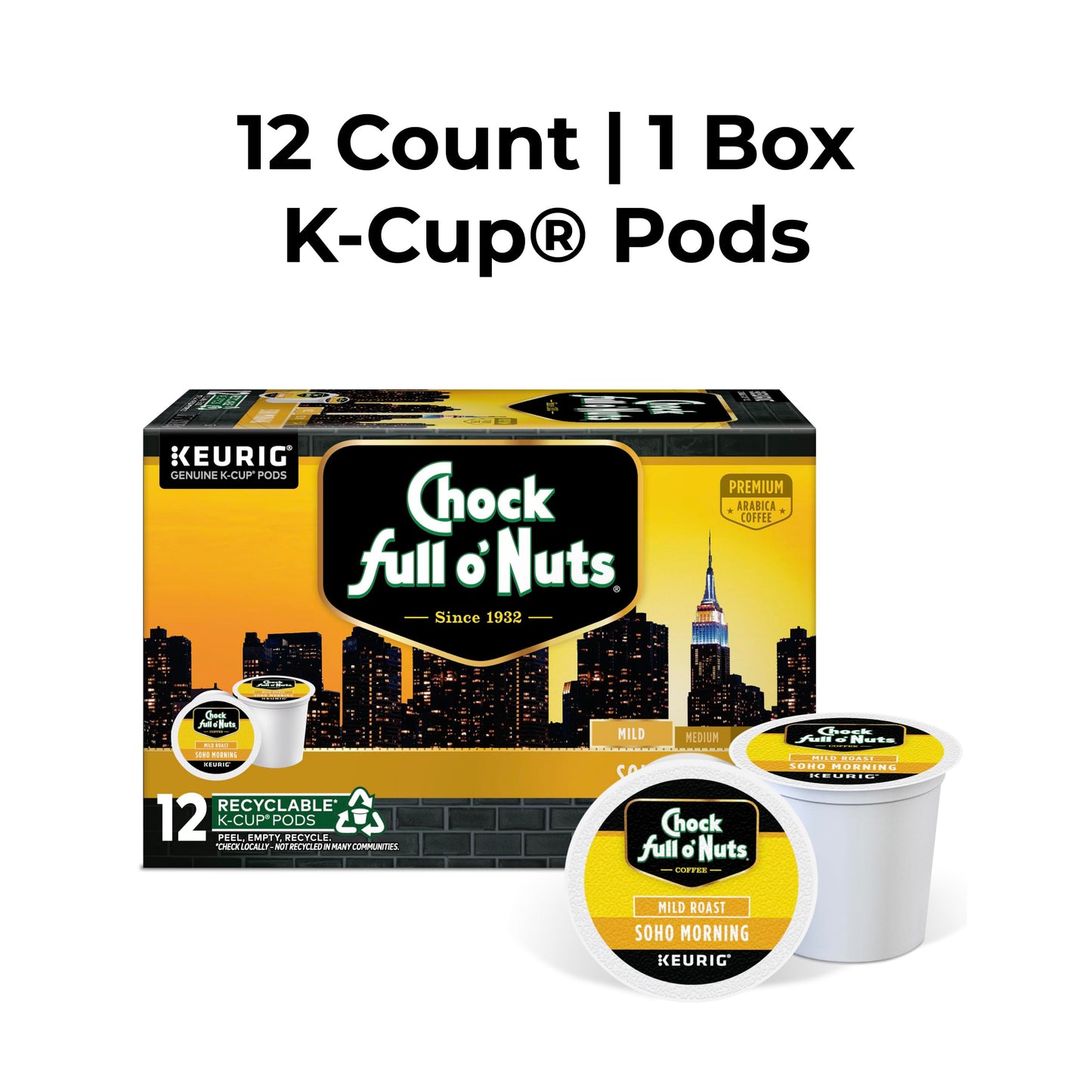 Chock Full o Nuts K-Cup Pods, Mild Roast Premium Arabica Coffee, 12 Count, Single Serve for Keurig malt-inspired