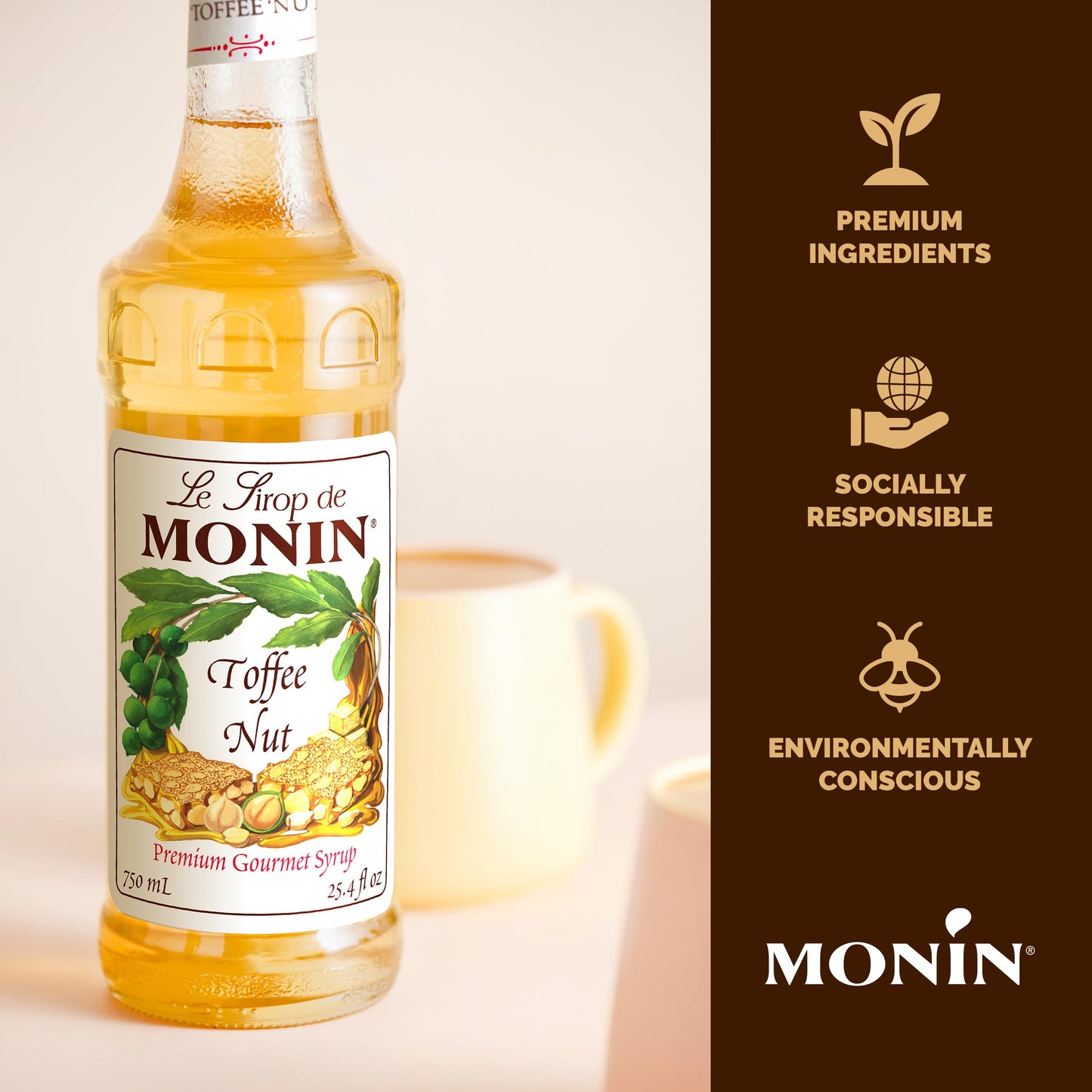 Monin Toffee Nut Syrup, Bold and Buttery Flavor, Gluten-Free, Non-GMO, 1 Liter (33.81 Fl Oz)
