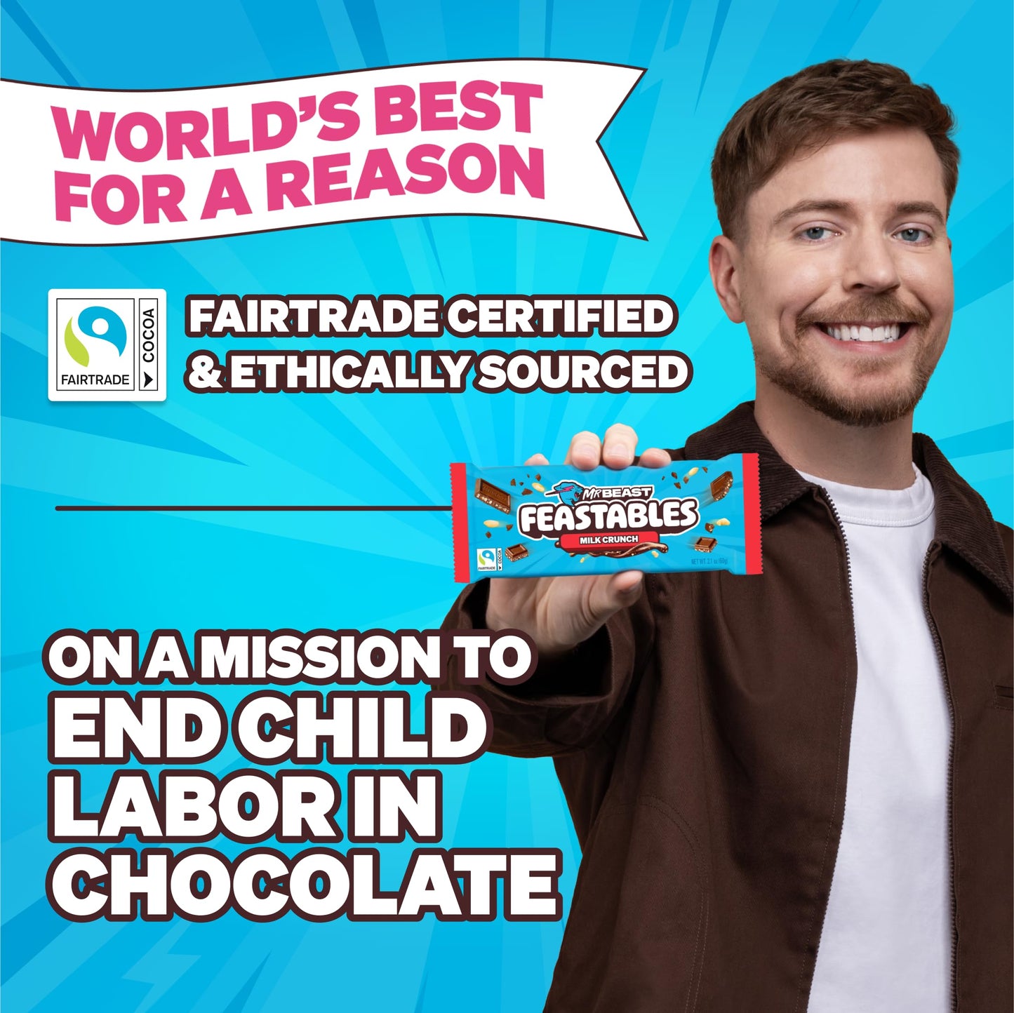 Feastables Mrbeast Combo Pack, King Size Milk Chocolate & Milk Crunch Bars, 10 Each, Candy Bars For Mature-Themeds & Kids, Candy Bar For Snacks, Gifts, Or Dessert, Fairtrade Cocoa, 2.1 Oz Each, 20 Count