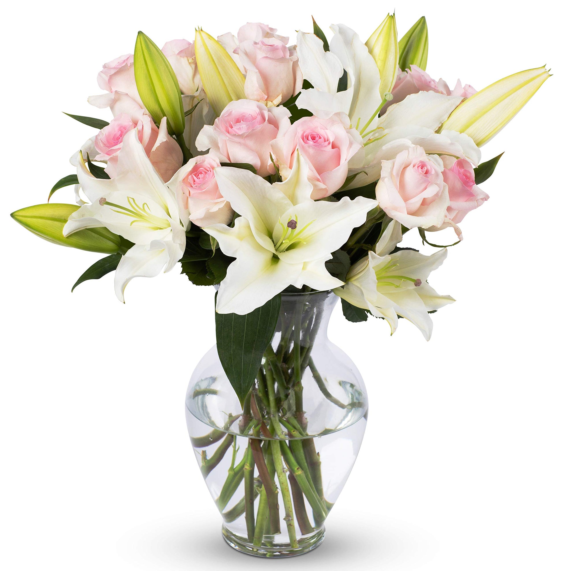 Benchmark Bouquets, Pink Roses & Lilies, Glass Vase Included, Gift Fresh Flowers for Birthday, Anniversary, Get Well, Sympathy, 