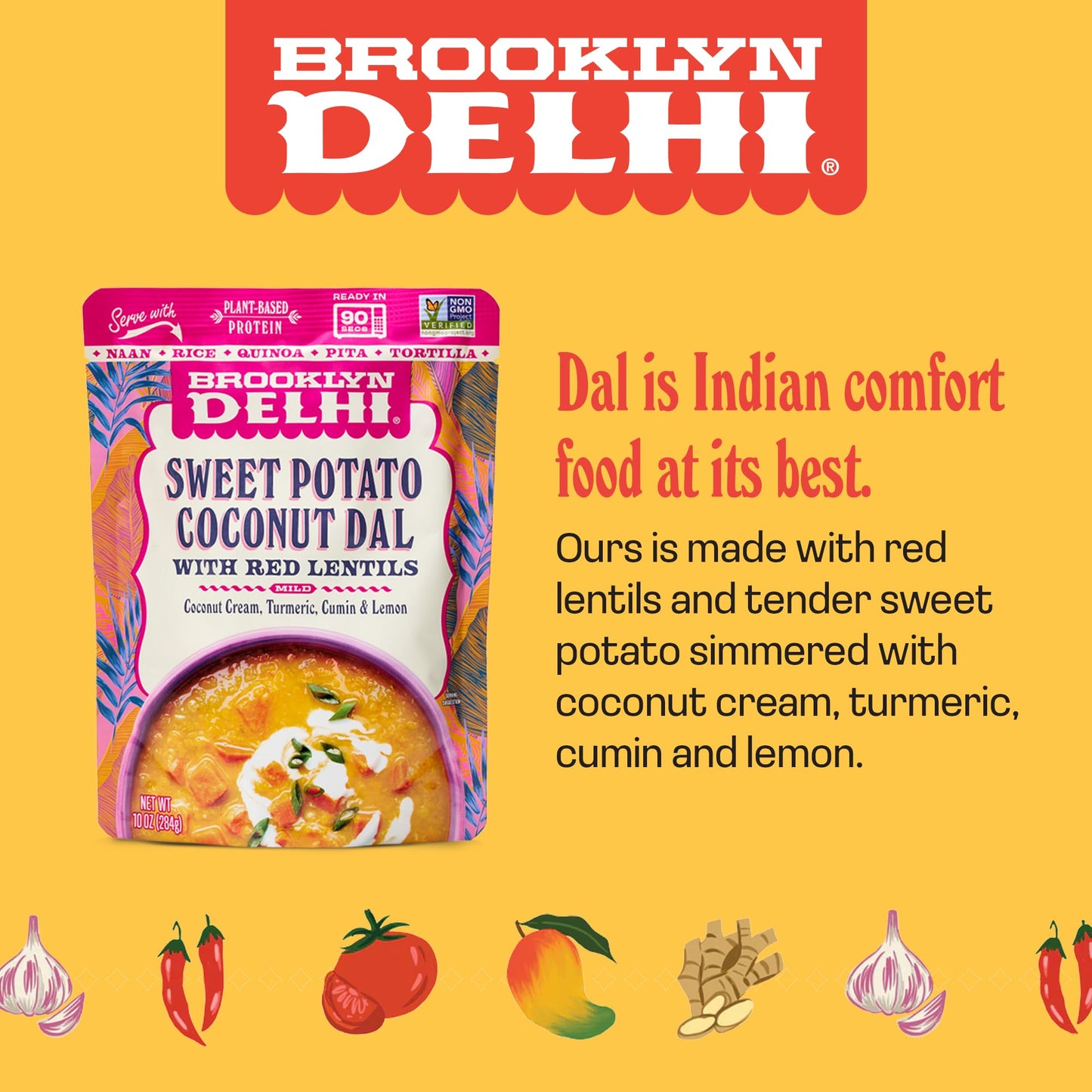 Brooklyn Delhi Sweet Potato Coconut Dal Pouches - Ready To Eat, Protein-Rich, Microwavable Entree, Ready In 90 Seconds - Vegan,