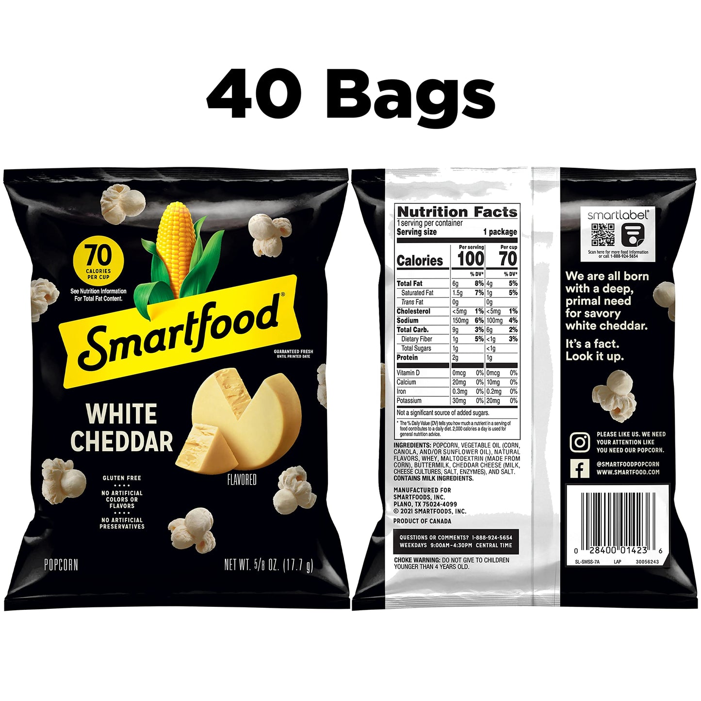 Smartfood Popcorn, White Cheddar, 0.625 Ounce (Pack Of 40)