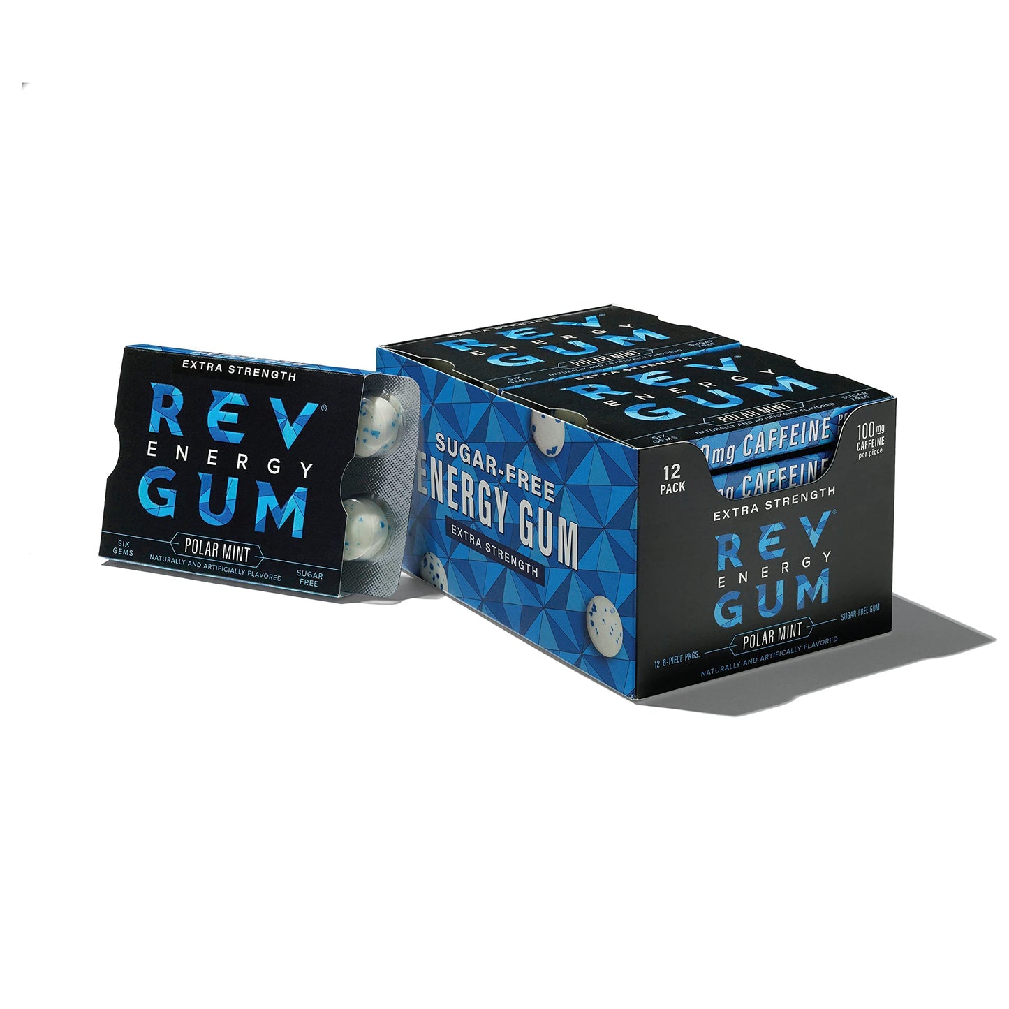 Rev Gum Caffeine Energy Gum | Extra Strength 100mg of Caffeine per Gem | Polar Mint Sugar Free Caffeine Gum - Low Calorie Chews to Help You Stay Alert  Awake and Focused - Mint Chewing Gum - 12 Packs