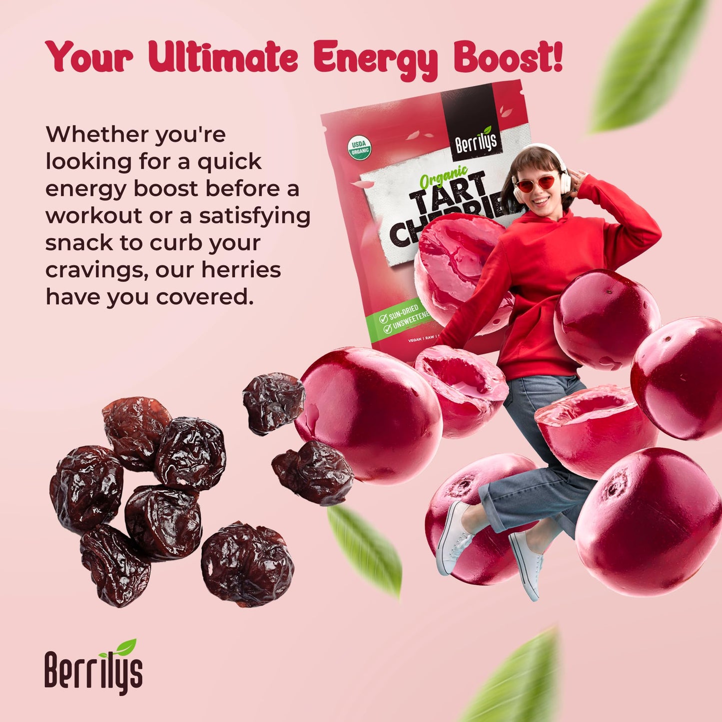 Berrilys Organic Dried Tart Cherries – Sun-Dried - Natural Flavor - Pitted Cherries For Healthy Snacking - Packed With Nutrients - Ideal For Smoothies, Baked Goods, Or   - Resealable Bag - 10 Oz