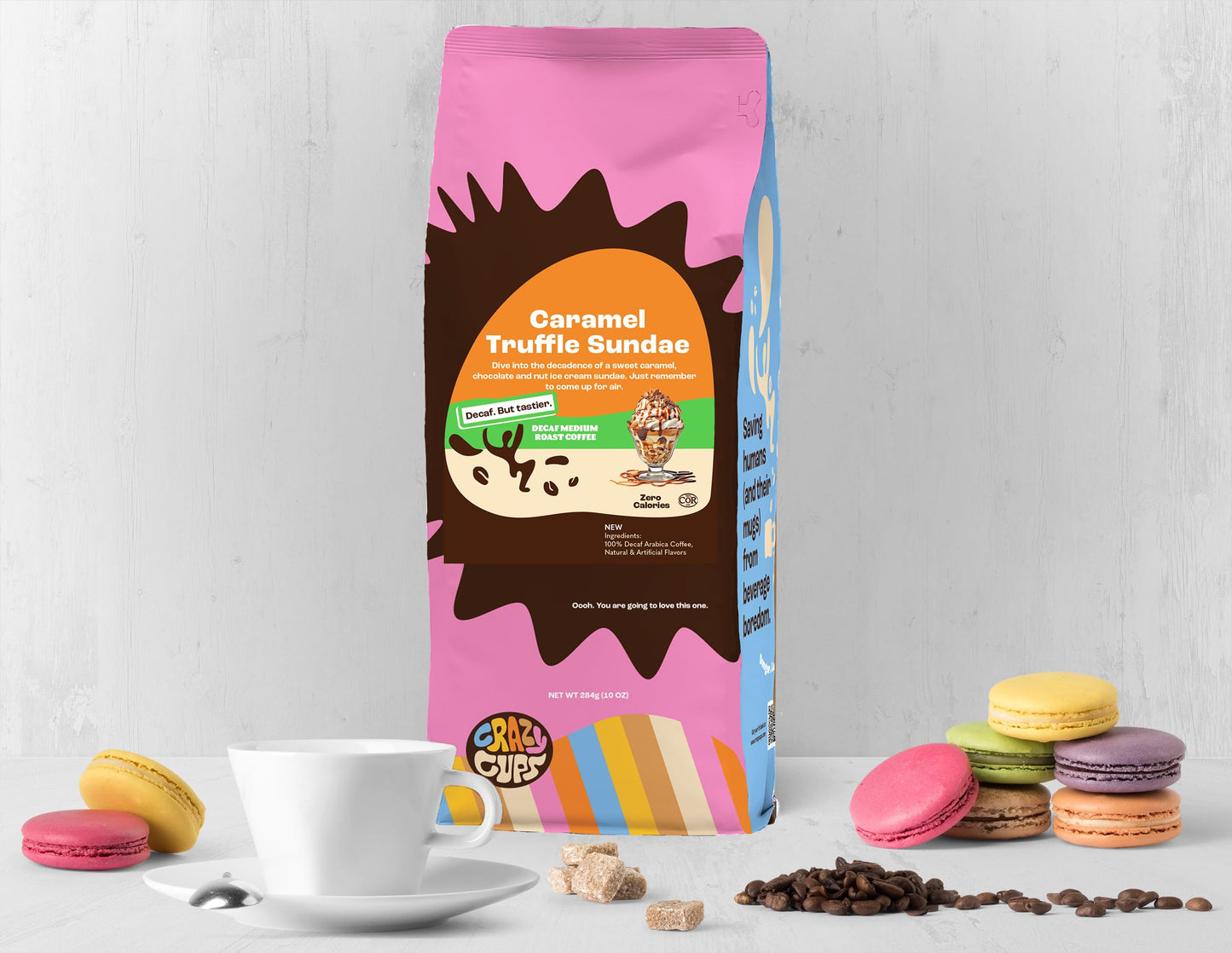Crazy Cups Decaf Flavored Ground Coffee, Decaffeinated Caramel Truffle Sundae Coffee, For Brewing Flavored Hot or Iced Decaf Car