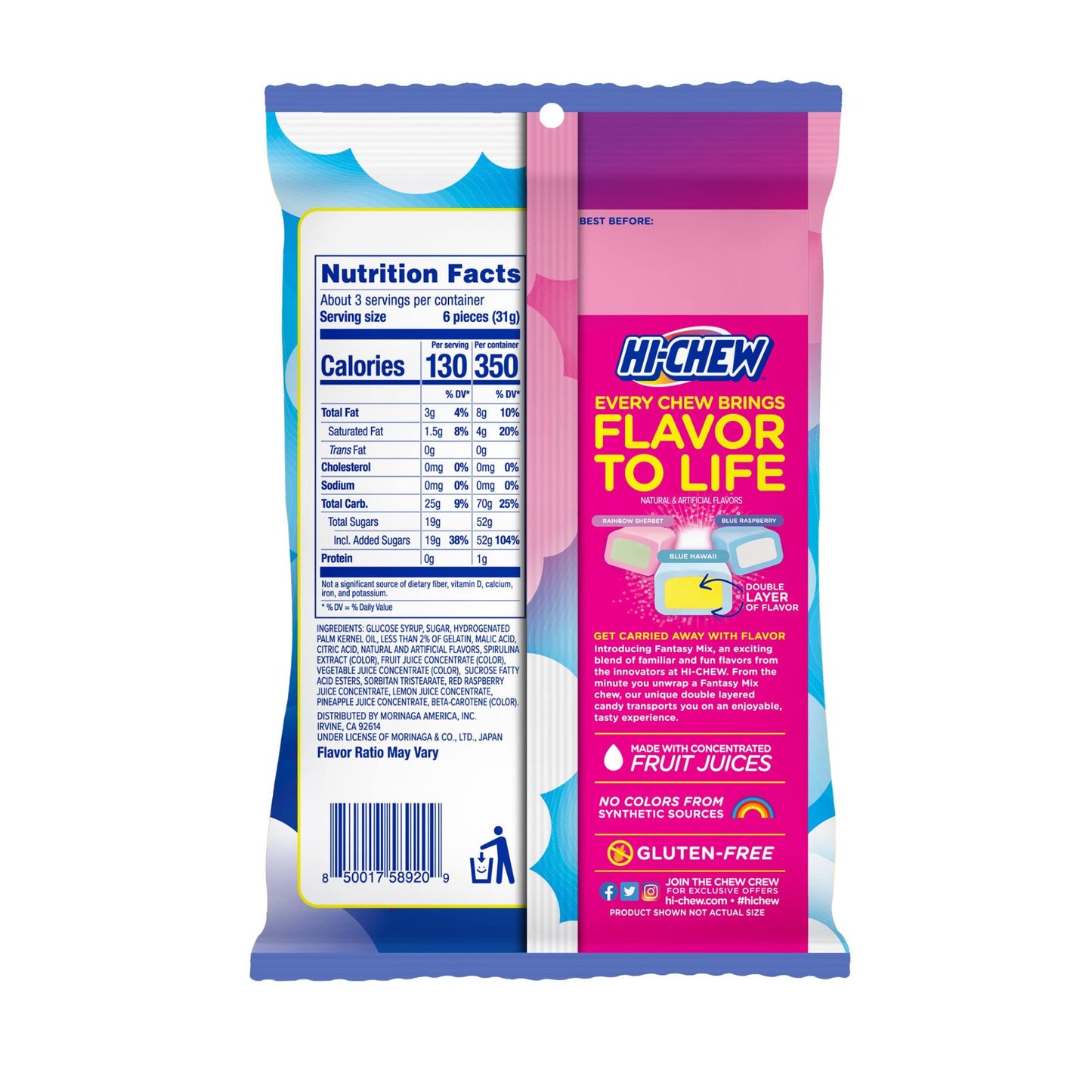 HI-CHEW Fantasy Mix, 6 Bags, 3oz each - Rainbow Sherbet Blue Hawaii Blue Raspberry - Unique Fun Soft & Chewy Halloween Candy - I