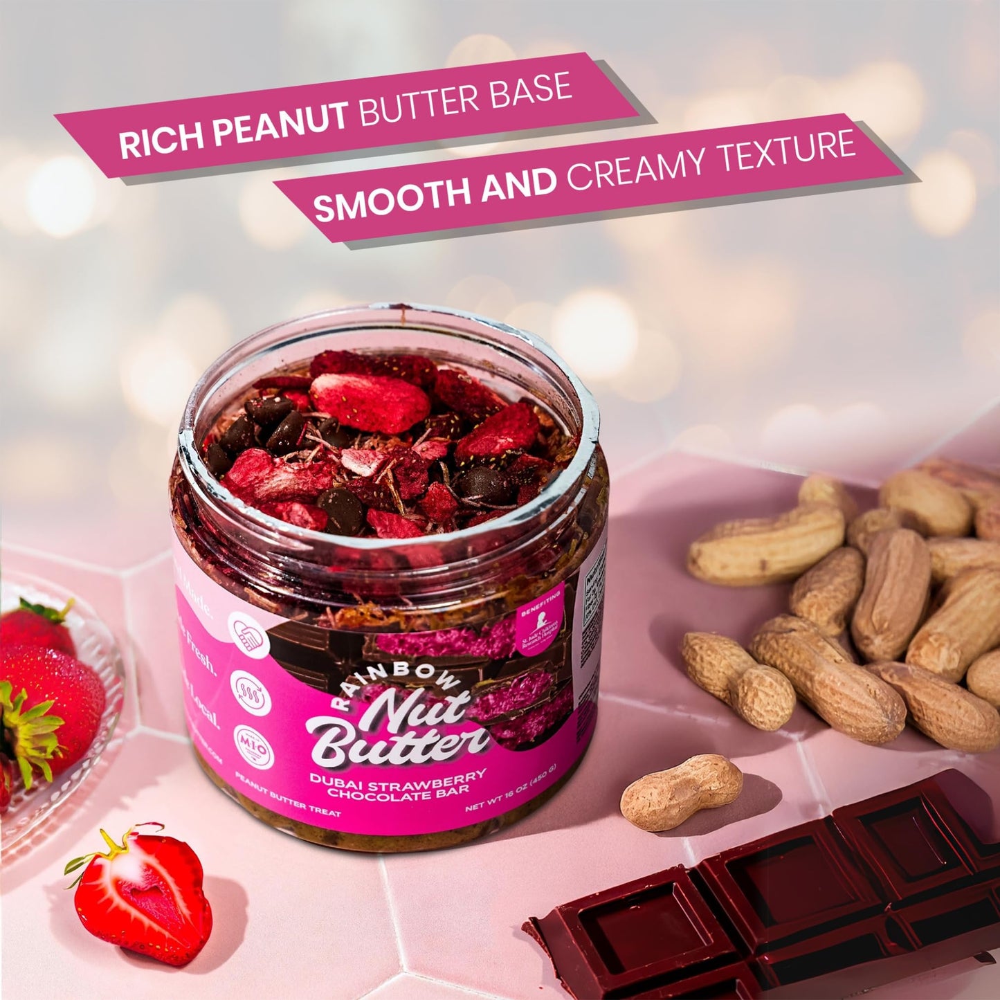 Rainbow Nut Butter, Strawberry Dubai Chocolate Bar Peanut Butter, Spread, Treat, Snack, Dessert, High Protein Flavored Nut Butte
