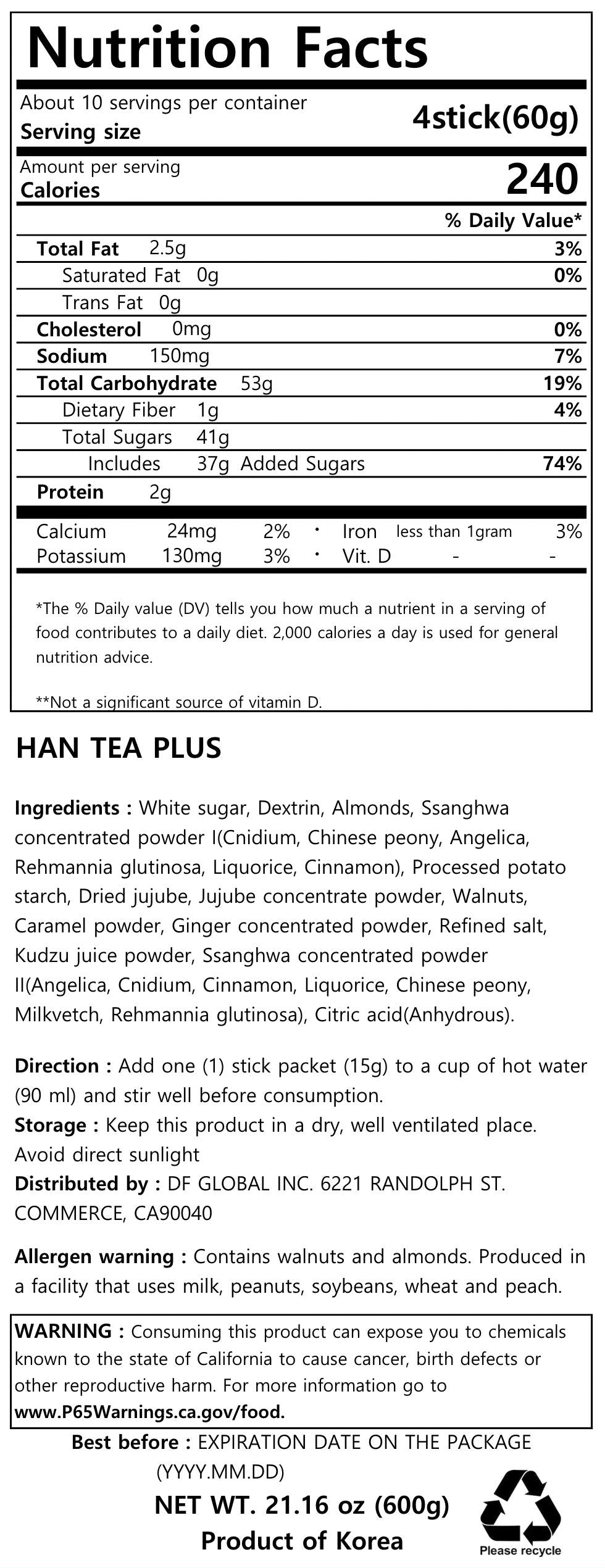 Damtuh Korea Traditional Han Tea Herbal Tea Single Serve 15G X 40 Sticks