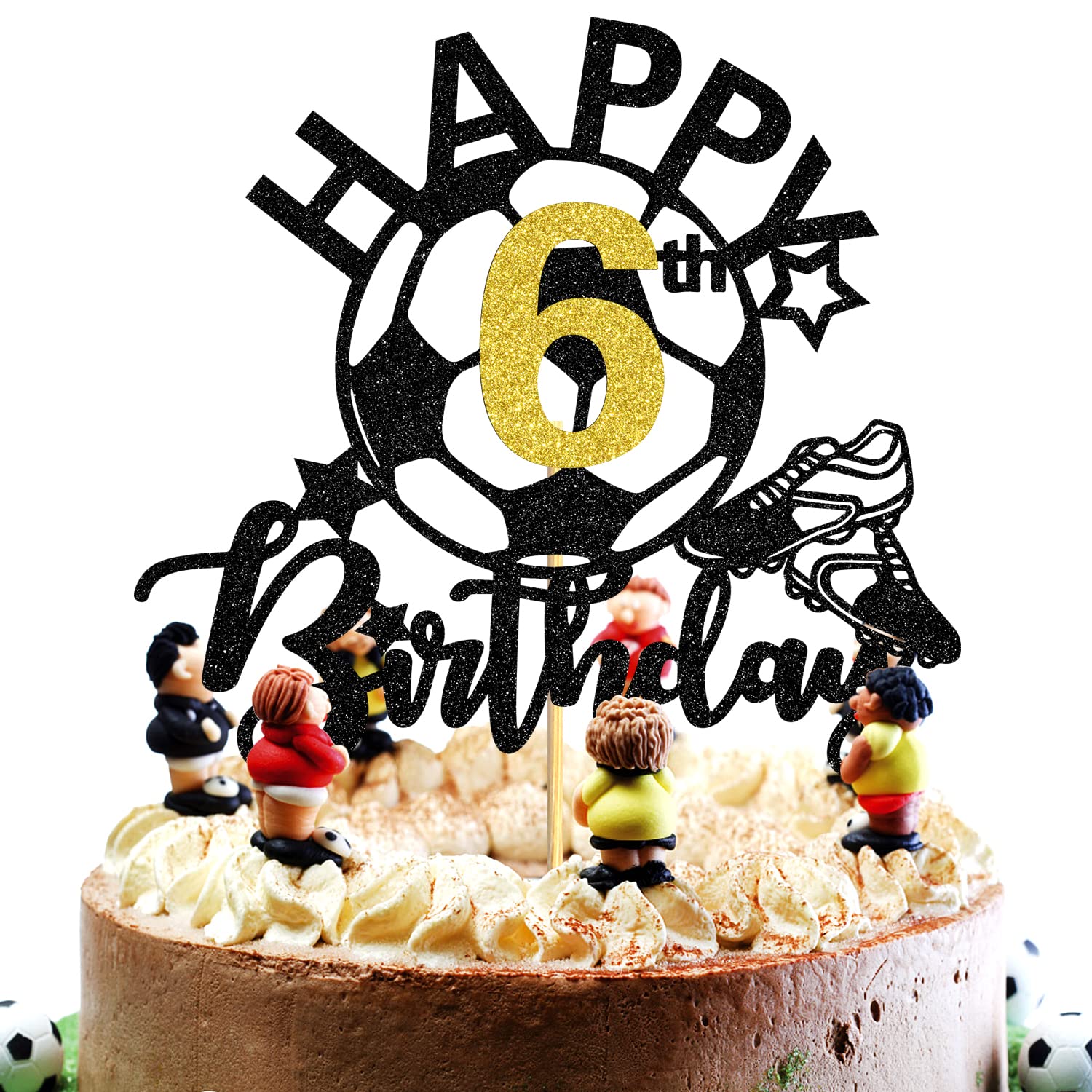 Aeryourtar Glitter Soccer Cake Topper - 6th Birthday Party Decorations, Paper, Soccer Theme, for Boys and Girls