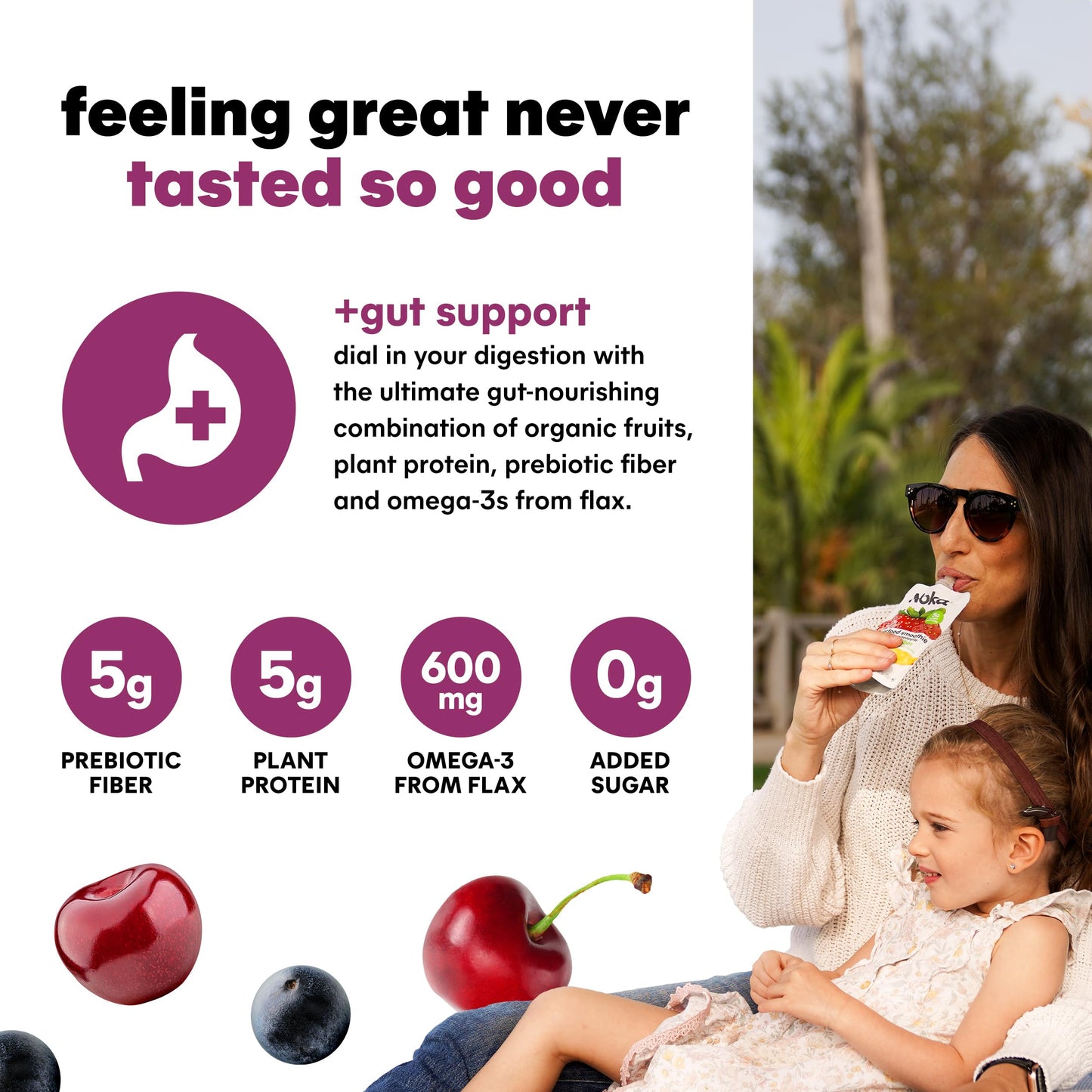 NOKA Superfood Fruit Smoothie Pouches, Cherry Acai, Vegan, Gluten Free, 4.22 oz, Pack of 6
