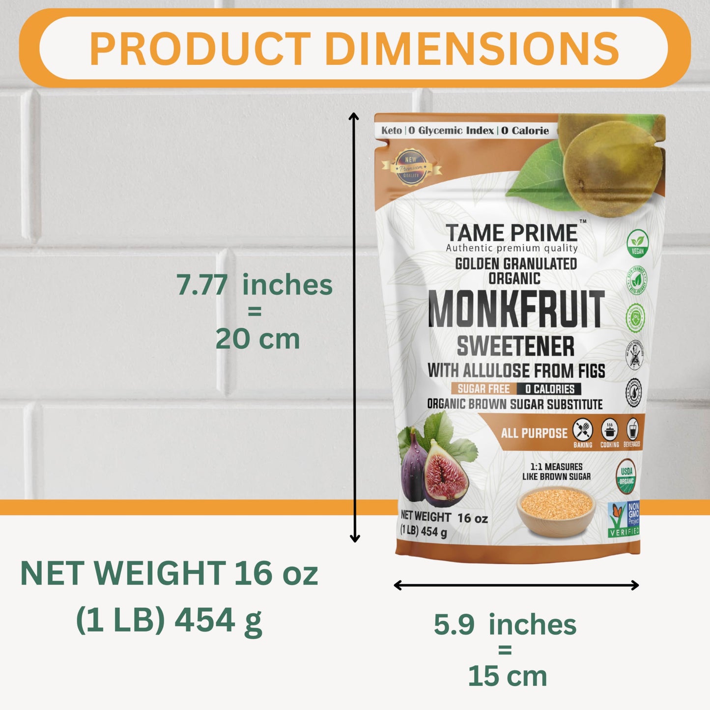 TAME PRIME Organic Brown Monkfruit Sweetener with Allulose, 16 oz, Zero Calories, Keto-Friendly, Sugar Substitute
