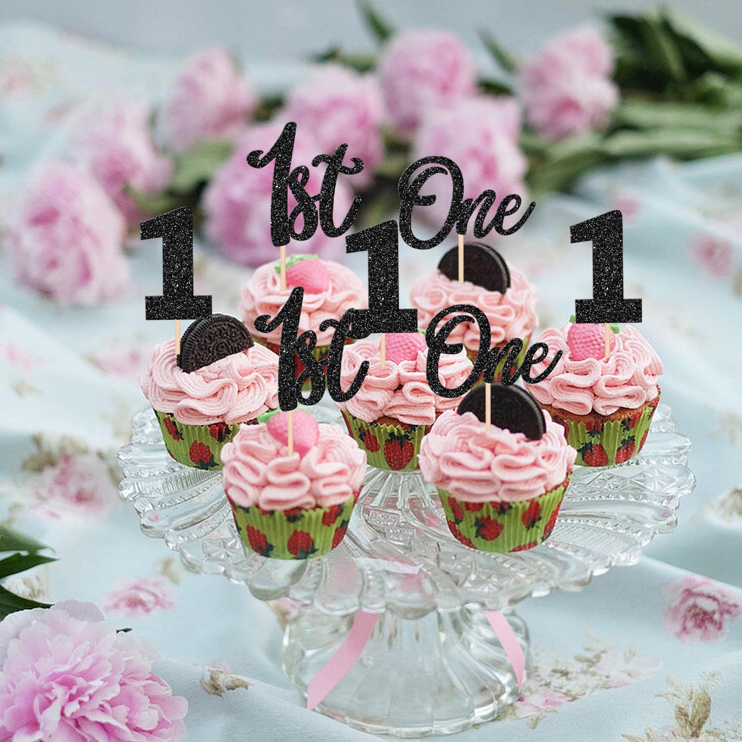 24 Pcs One Cupcake Toppers Glitter 1St Birthday Cupcake Picks Number 1 Cupcake Decorations For Baby Shower Kids First Birthday A