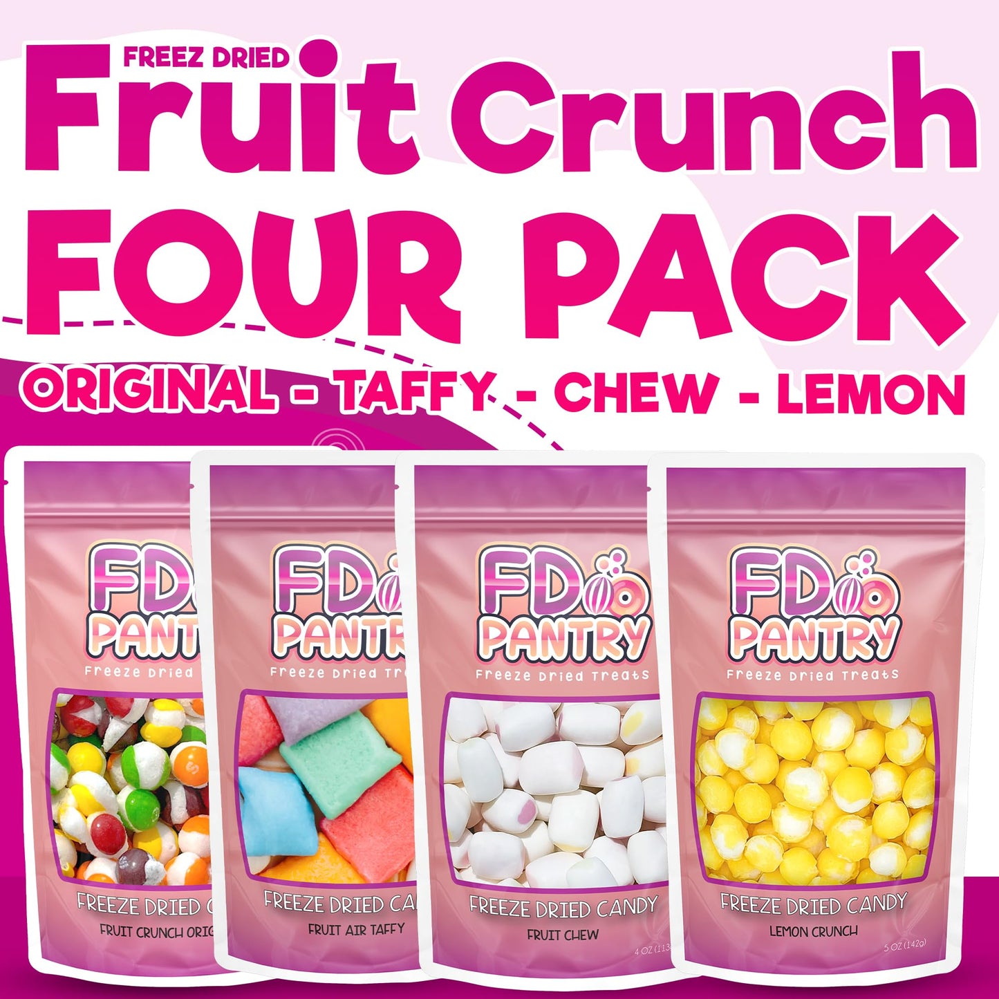 Freeze Dried Candy Variety Pack - Fruit Crunch 4 Pack, Fruit Crunch Original, Lemon Crunch, Fruit Taffy, Fruit Crunch 4 Oz (4 Co