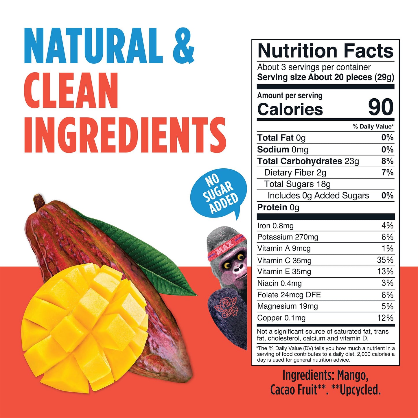 Blue Stripes Cacao Superfruit Gummies - Vegan Chewy Fruity Snack  No Sugar Added 100% Fruit Gummy  9 Essential Vitamins & Minerals  Natural Tropical Superfood - Mango & Cacao  3.2oz