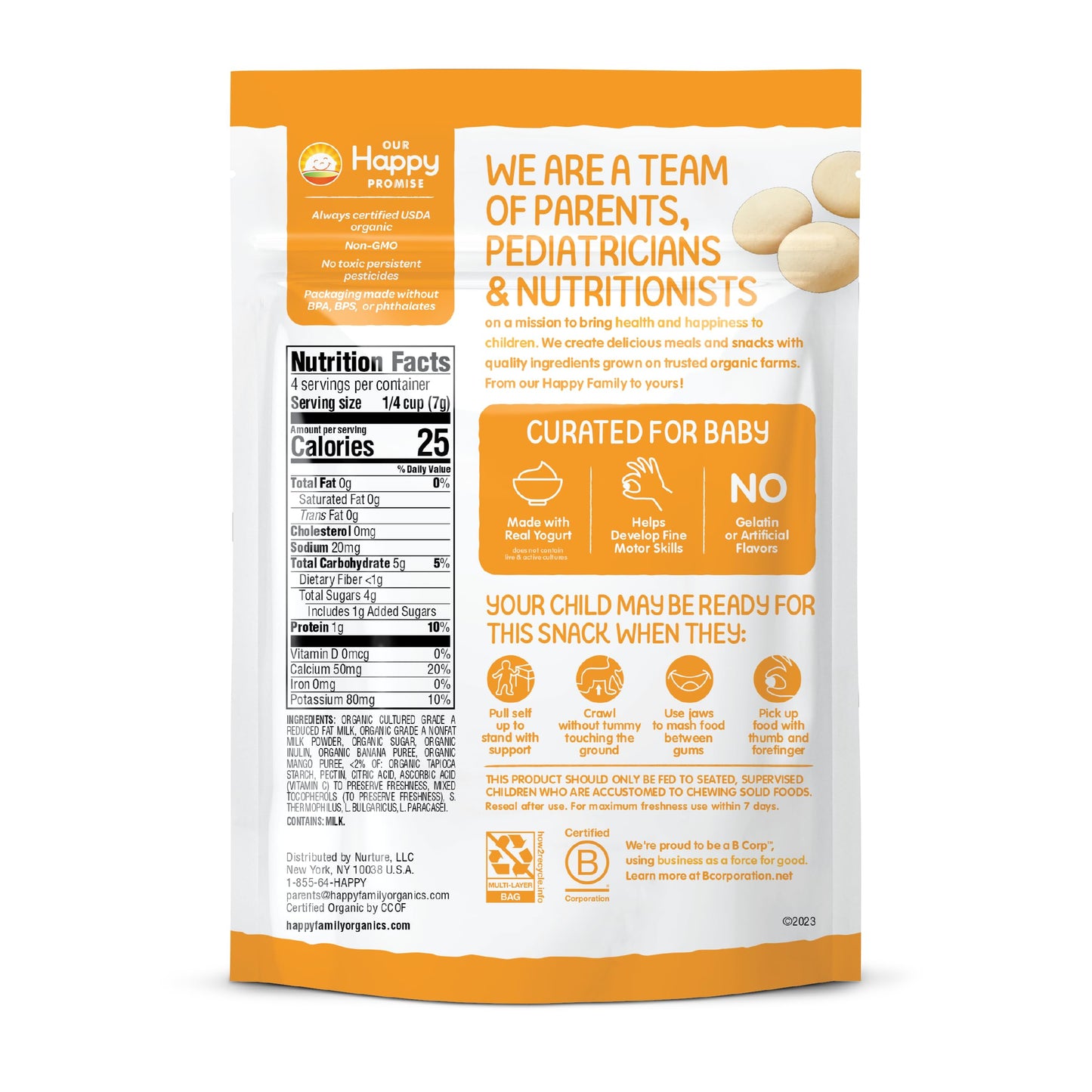 Happy Baby Organics Yogis Freeze-Dried Yogurt & Fruit Snacks, Banana & Mango, 1 Ounce Bag (Pack Of 8) Packaging May Vary