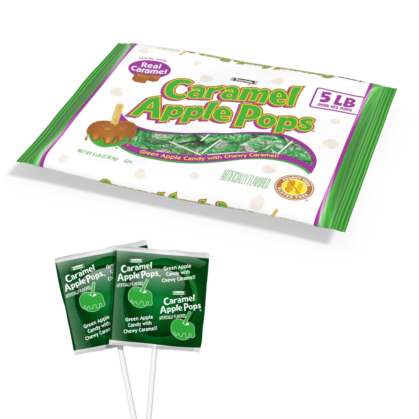 Tootsie Roll Caramel Apple Pops - Gluten Free Caramel Covered Green Apple Lollipops - 5 Pound Bag