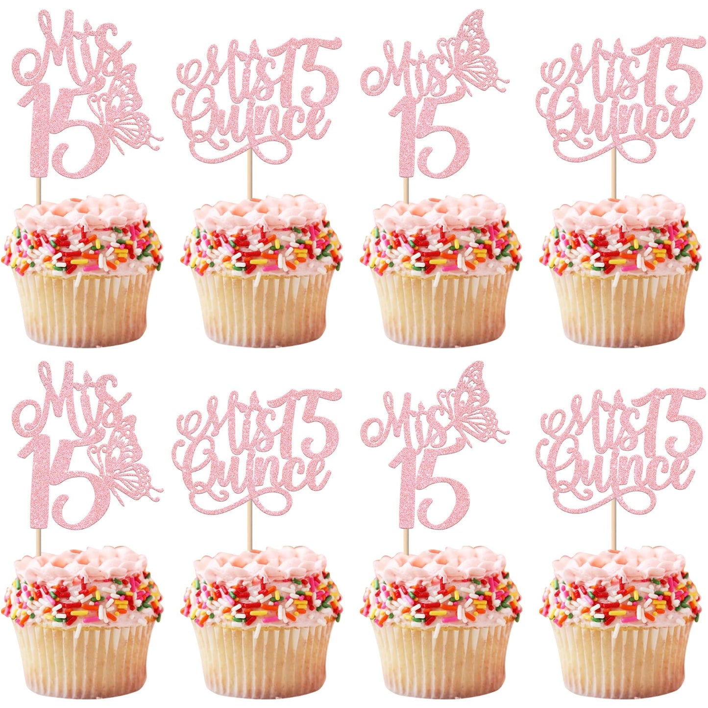 Rsstarxi Cupcake Toppers 24 Pack Glitter Picks for 15th Birthday Party, Pink