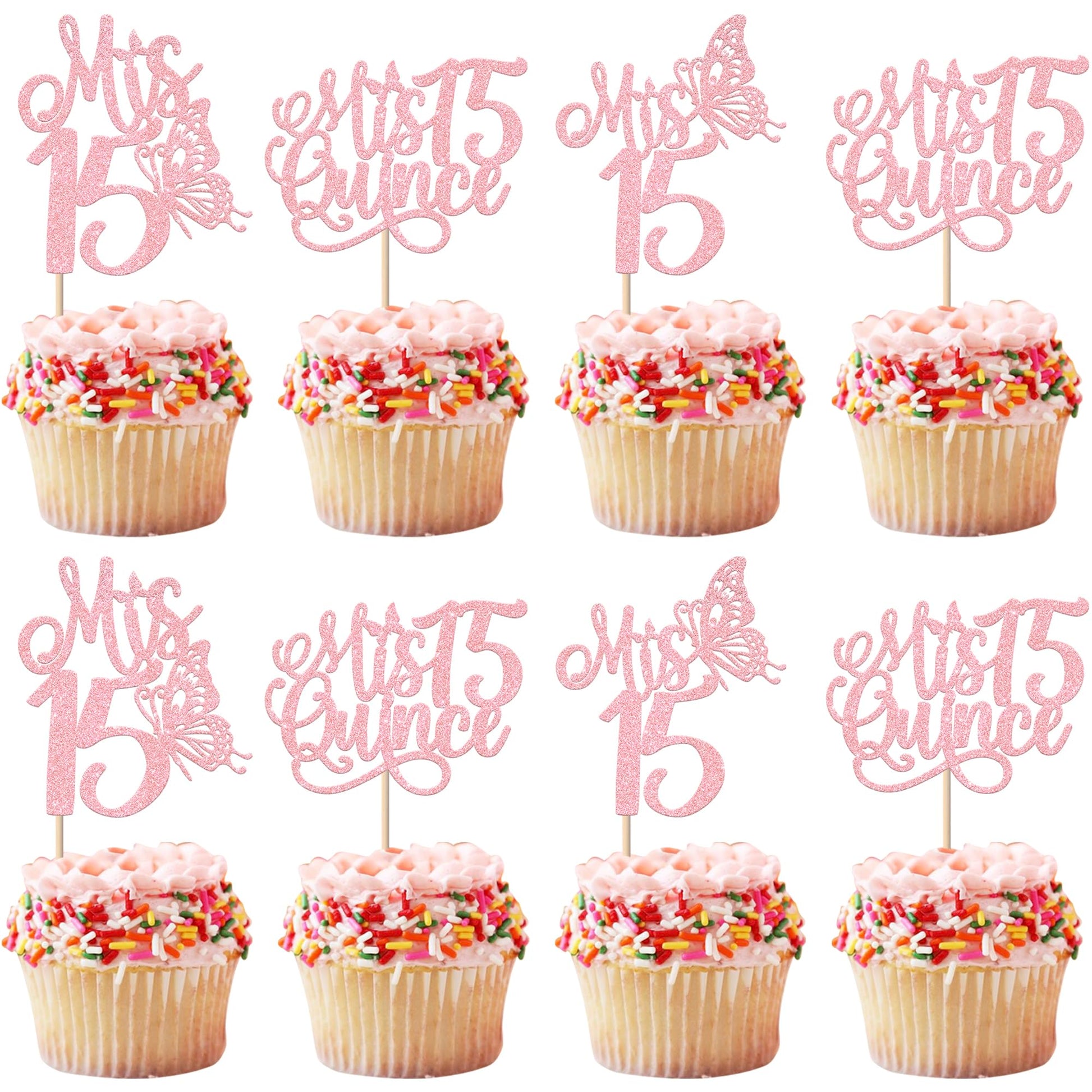 Rsstarxi Cupcake Toppers 24 Pack Glitter Picks for 15th Birthday Party, Pink