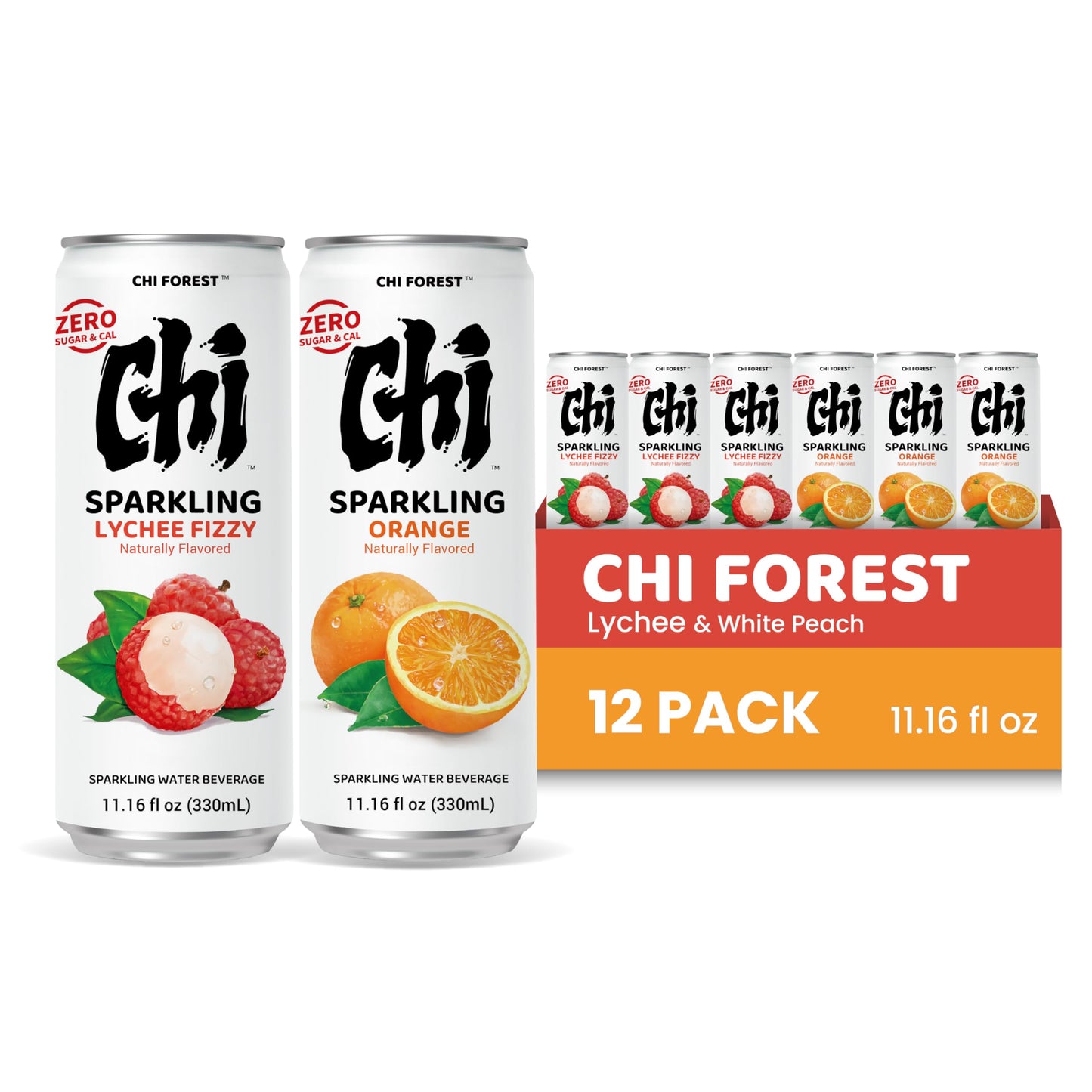 CHI FOREST Sparkling Water Beverage  Lychee & Orange drinks  Zero Sugar or Artificial Flavor  11.16 fl oz Cans (Pack of 12)
