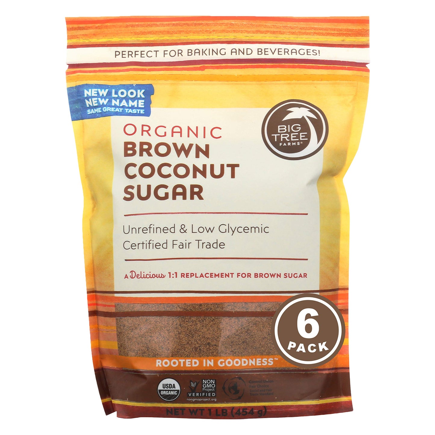 Big Tree Farms Organic Brown Coconut Sugar, Unrefined, Fine Crystals, Vegan, 16 Ounce (Pack of 6)