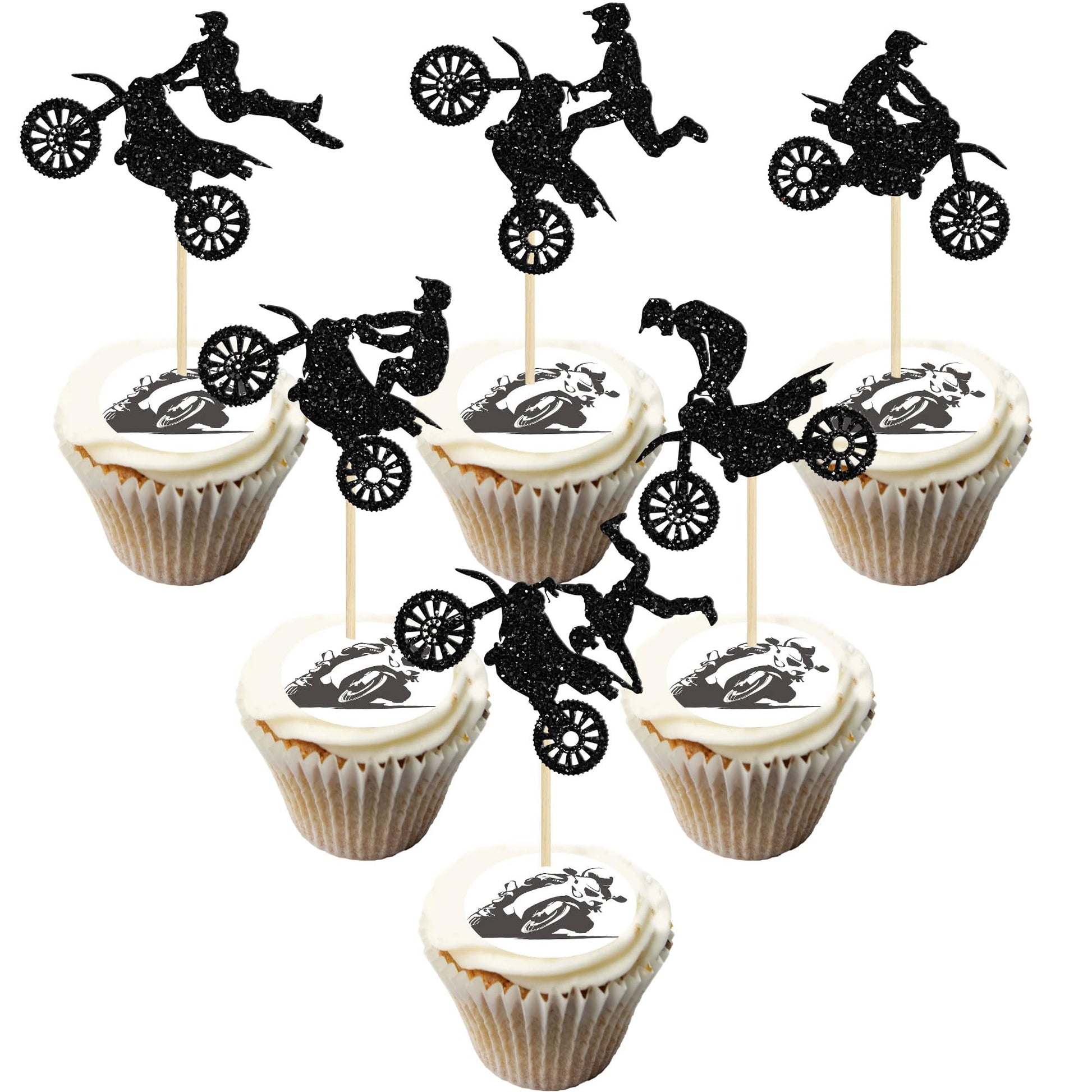 Gyufise 24Pcs Motorcycle Cupcake Toppers Black Glitter Motocross Dirt Bike Party Cupcake Picks For Sports Motocross Theme Man Bo