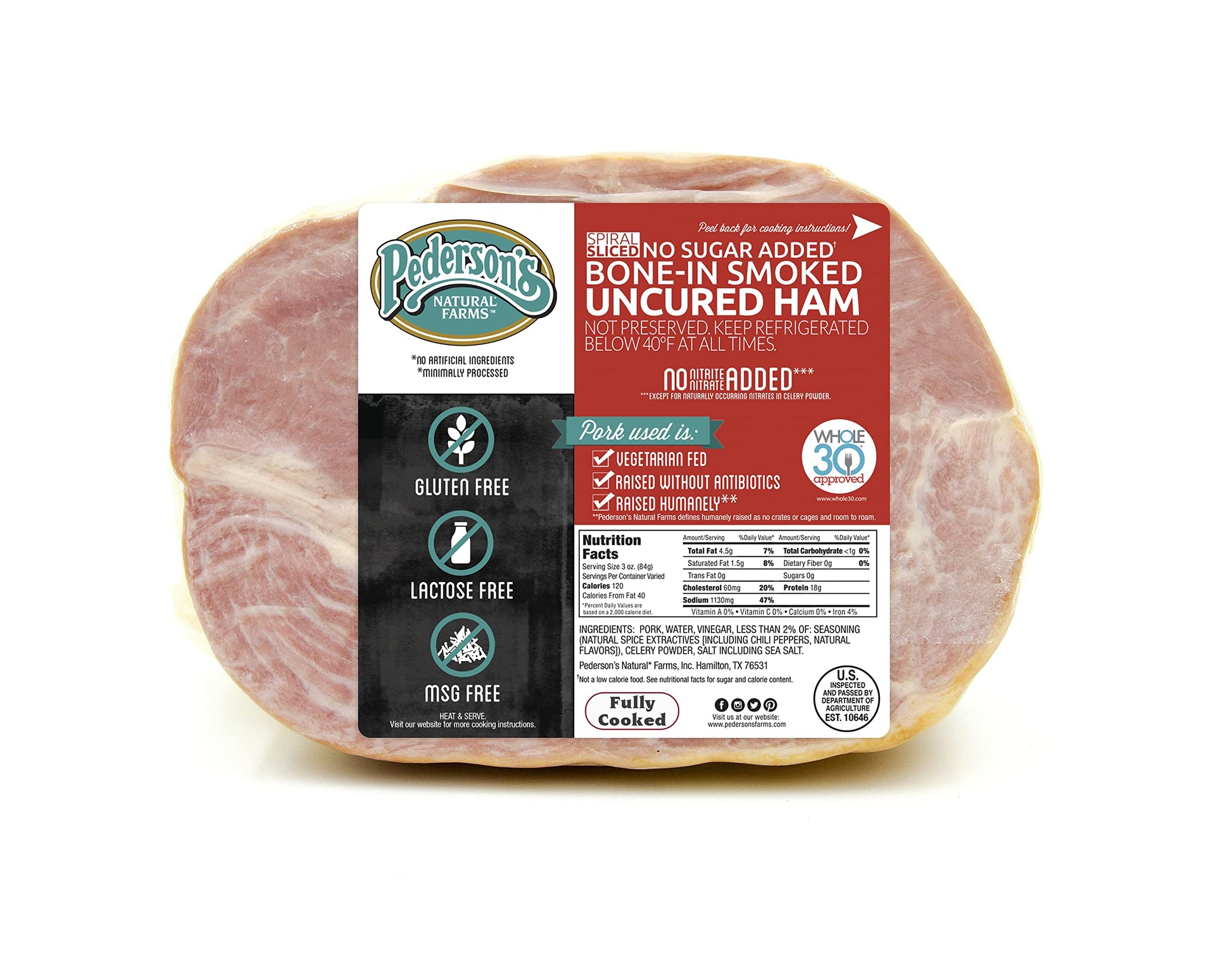 Pederson's Farms, Uncured No Sugar, Spiral Sliced Bone In Half Ham, (6 lbs weight avg) Serves 8-10, Fully Cooked, No Sugar Added