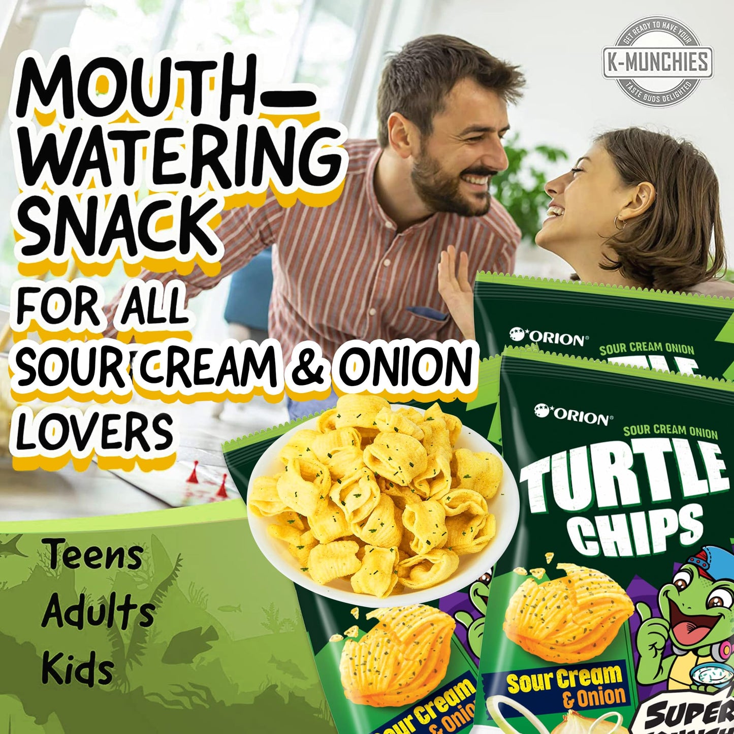 K-Munchies Orion Turtle Chips - Large 3 X 160-Gram Sour Cream And Onion Flavor Korean Chips - Big Bag, Party Size Tasty, Crispy