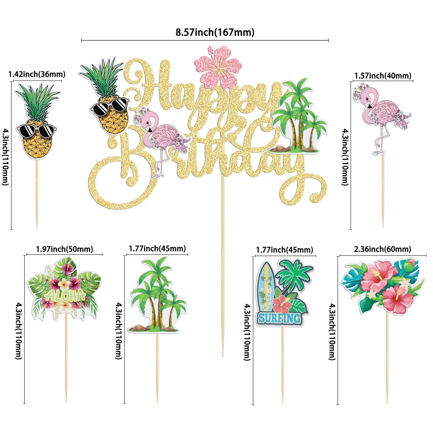Gyufise 25Pcs Tropical Luau Cupcake Toppers With Happy Birthday Flamingo Cake Topper Palm Tree Flamingo Pineapple Aloha Cupcake