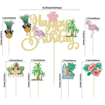 Gyufise 25Pcs Tropical Luau Cupcake Toppers With Happy Birthday Flamingo Cake Topper Palm Tree Flamingo Pineapple Aloha Cupcake