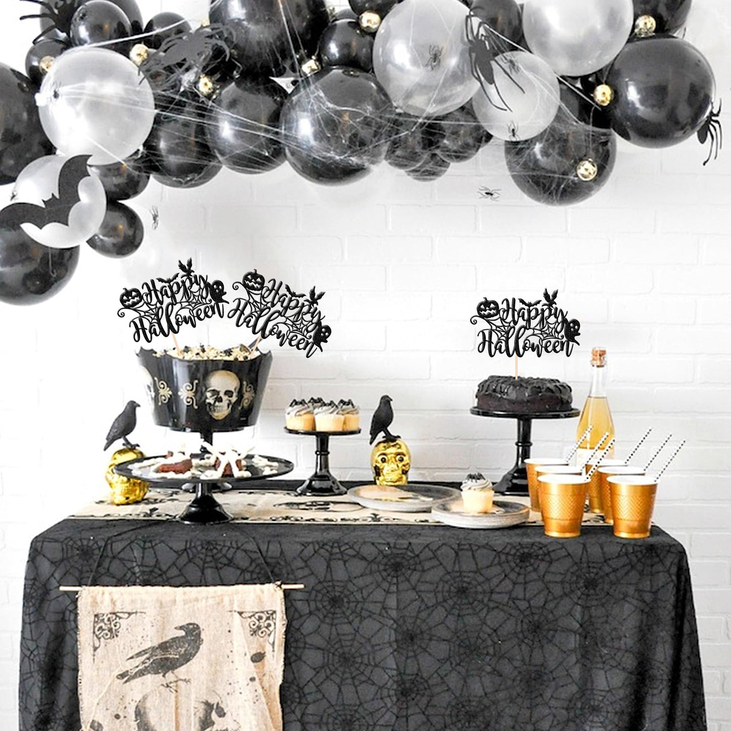 1 Pcs Happy Halloween Cake Topper Black Glitter Spider Web Pumpkin Bat Ghost Halloween Cake Pick Halloween Cake Decoration For H