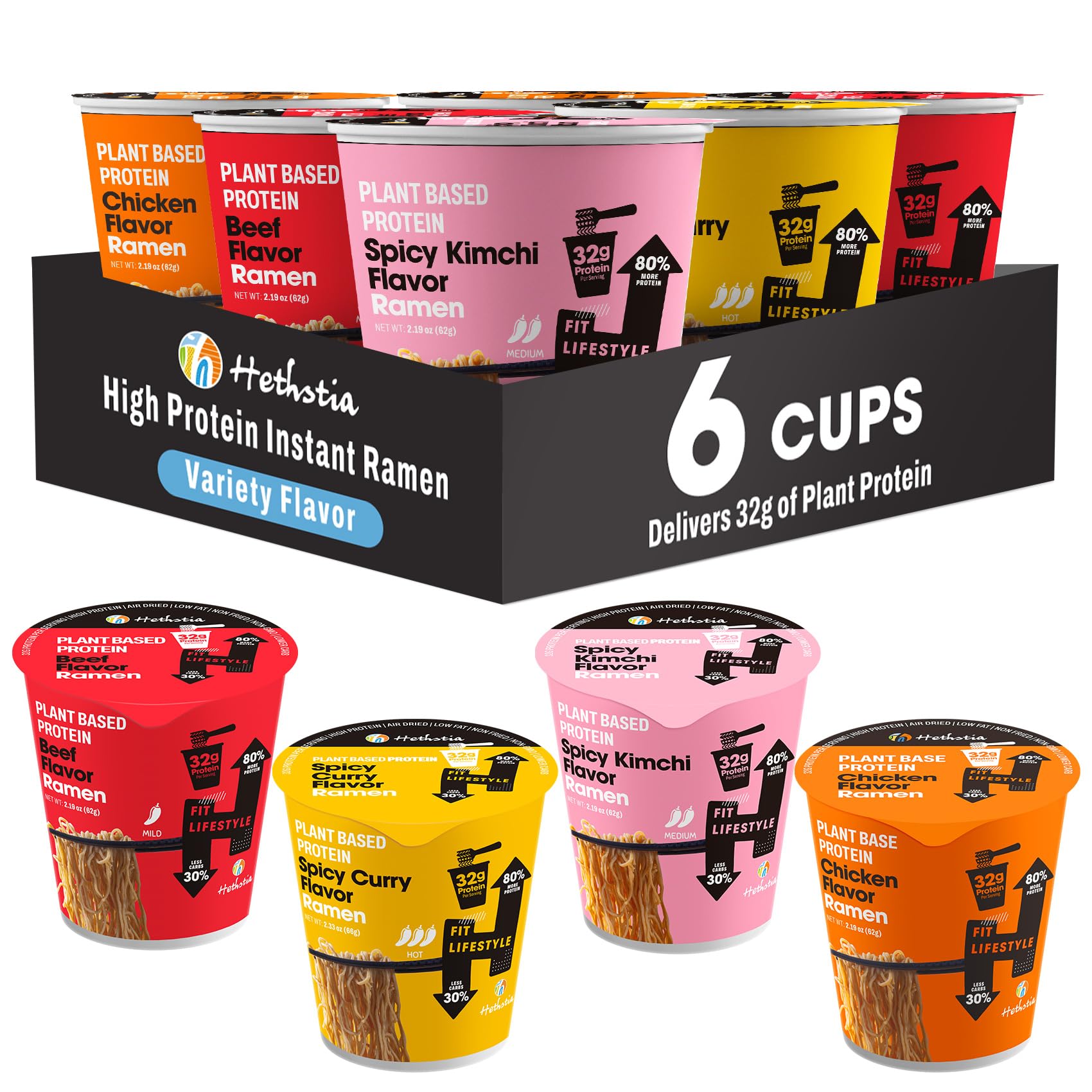 Hethstia High Protein Ramen Variety Pack  6-Pack Instant Vegan Noodle Soup Cups - Chicken  Beef  Spicy Curry  Kimchi - 32G Plant Protein  Non-Fried  Low Fat  Healthy Quick Meal