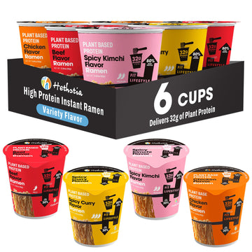 Hethstia High Protein Ramen Variety Pack  6-Pack Instant Vegan Noodle Soup Cups - Chicken  Beef  Spicy Curry  Kimchi - 32G Plant Protein  Non-Fried  Low Fat  Healthy Quick Meal