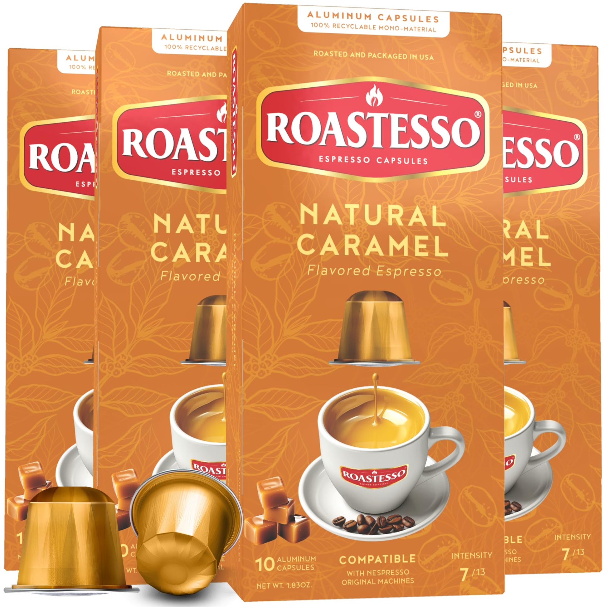 Roastesso Coffee Espresso Pods, Natural Caramel Flavor, Compatible with Nespresso Original Line, Medium Dark Roast, 40 Count