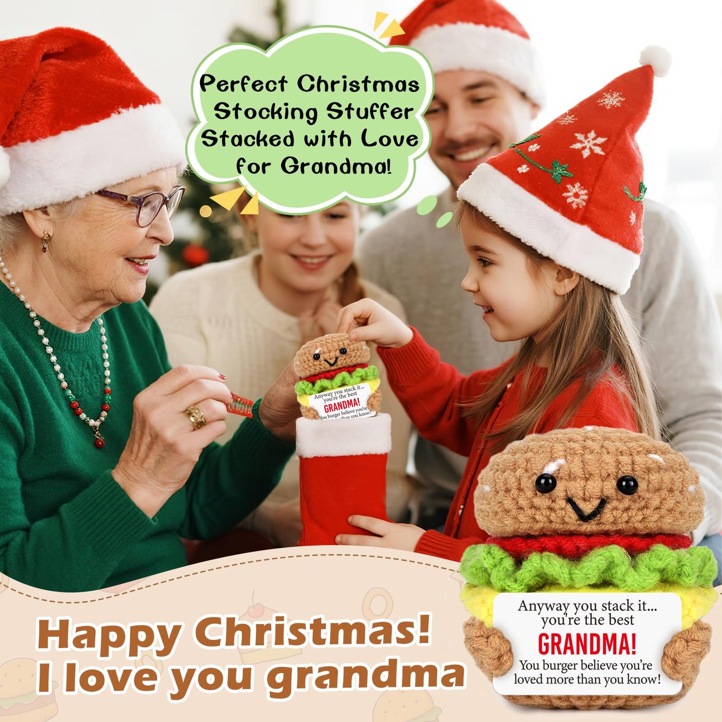 Avboda Mini Grandma Birthday Gifts From Granddaughter Grandson Handmade Crochet Burger Thankving Day Christmas For New Grandmother Great Grandma Nana Gigi Grammy Christmas Stocking Stuffers Ideas