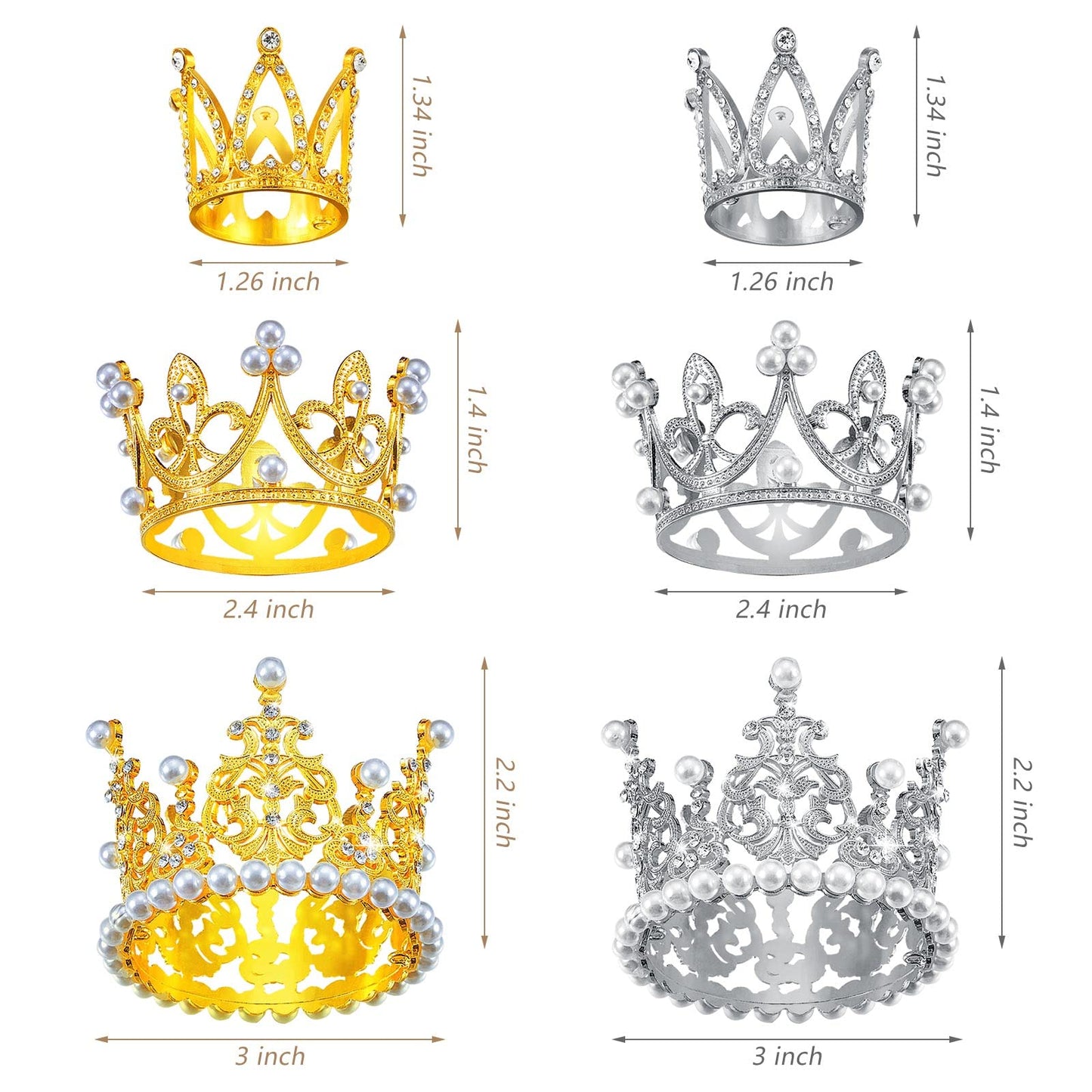 Moxweyeni Crown Cake Topper Set - 6 Pcs Artificial Pearl & Rhinestone Tiara for Birthday, Wedding, Baby Shower - Silver & Gold