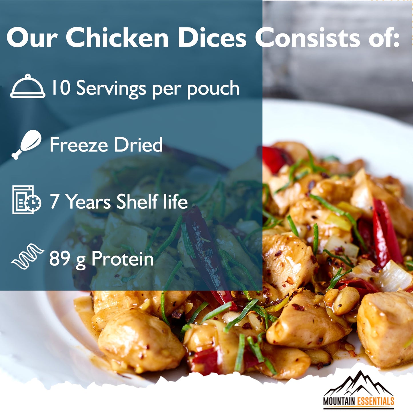 Mountain Essentials Freeze-Dried Diced Chicken – Fully Cooked And Ready To Eat | Everyday Pantry Staple For Meal Prep, Camping & Emergency Survival | Enhanced Quality Meat | 10 Servings Per Pouch | Made In Usa | 7-Year Shelf Life | Pack Of 1