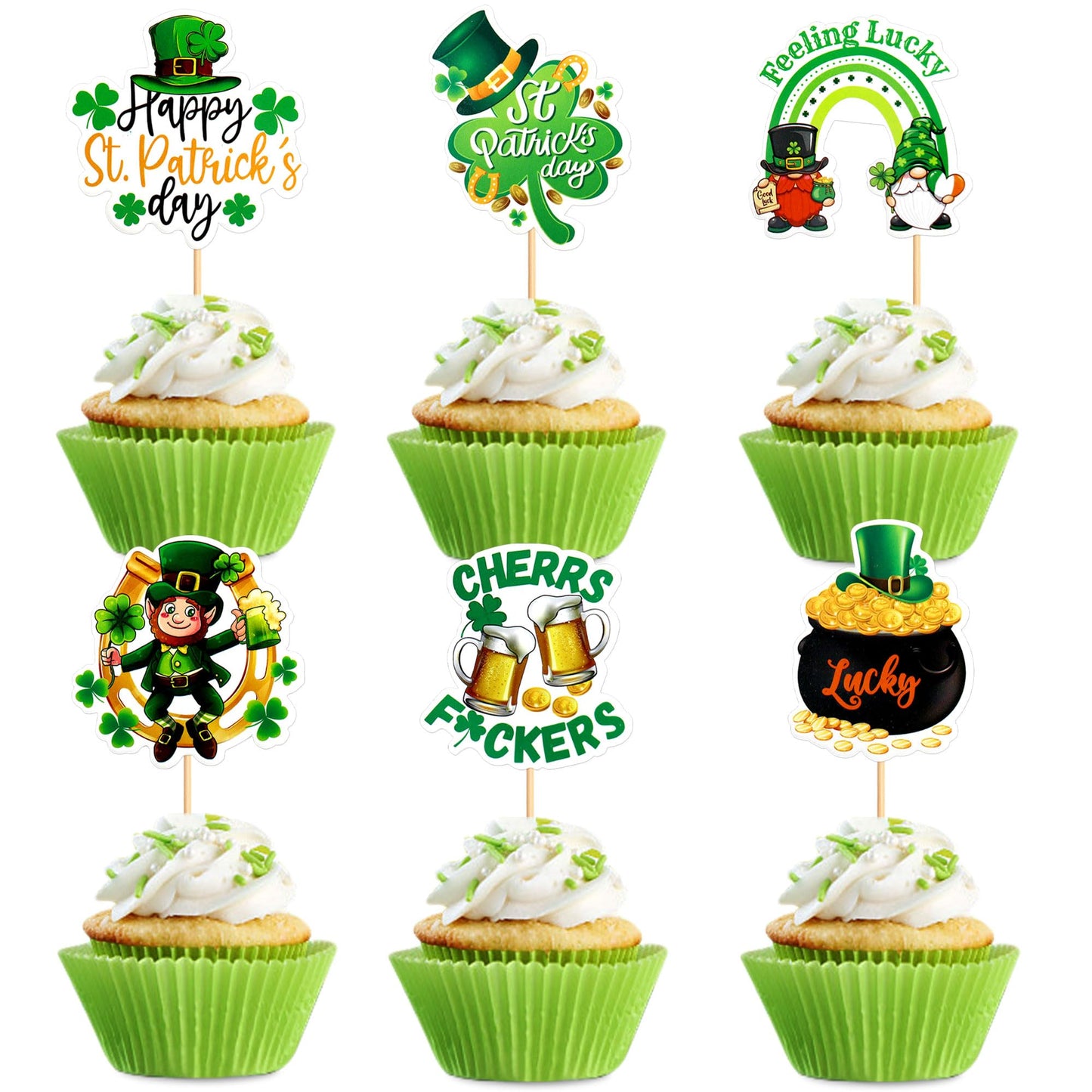 Ercadio 24 Pack Happy St Patrick's Day Gno-me Cupcake Toppers St Patrick's Day Cupcake Picks Green Gno-me Cake Toppers for Irish