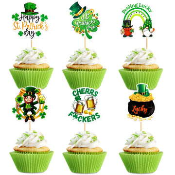 Ercadio 24 Pack Happy St Patrick's Day Gno-me Cupcake Toppers St Patrick's Day Cupcake Picks Green Gno-me Cake Toppers for Irish