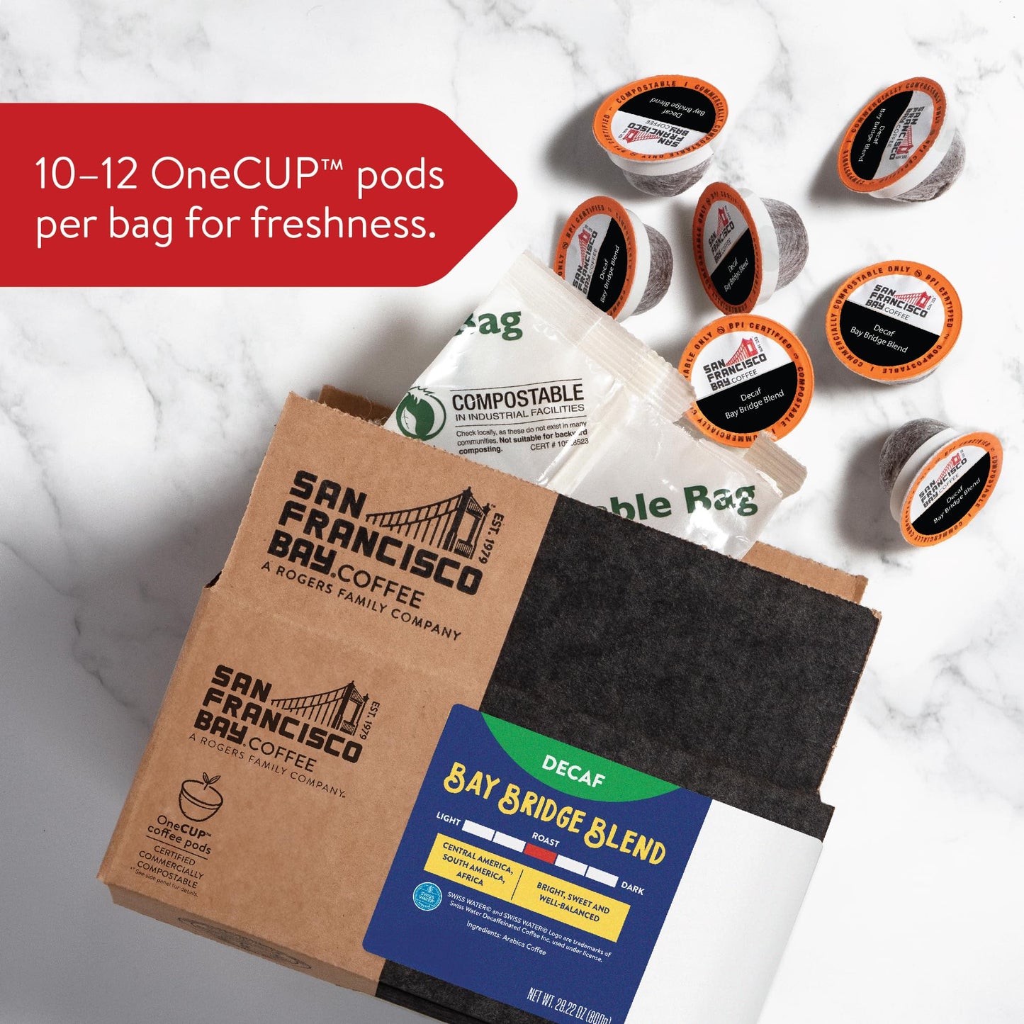 San Francisco Bay Compostable Coffee Pods - Decaf Bay Bridge Blend (80 Ct) K Cup Compatible, Medium Roast, Swiss Water Processed