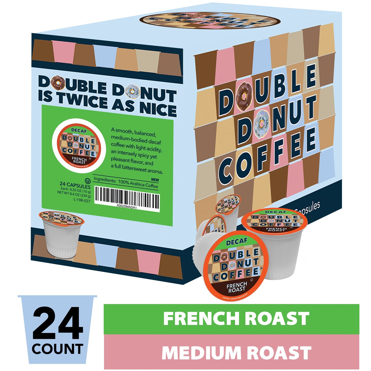 Double Donut Decaf Coffee Pods, Decaf French Roast, Single Serve Coffee For Keurig K Cups Machines, Decaf Dark Roast Coffee, 24