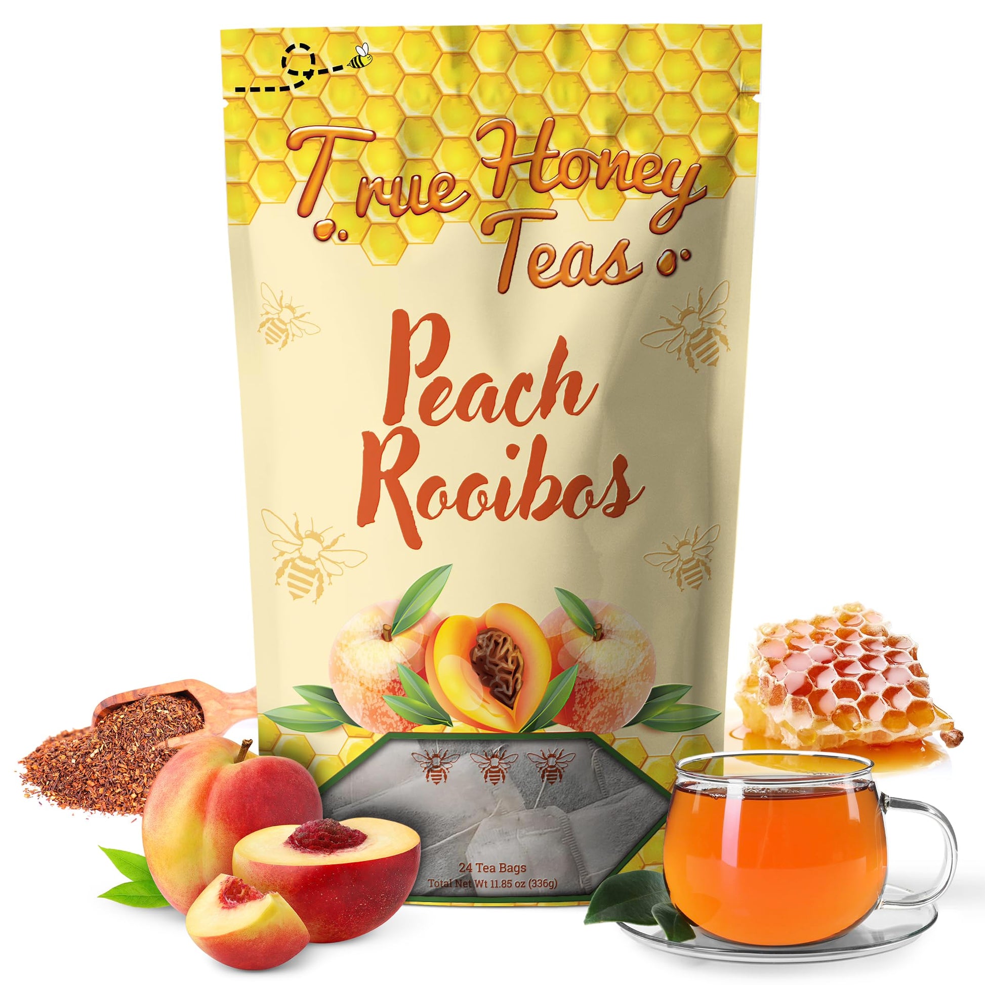 True Honey Teas Peach Rooibos Tea Bags - All Natural Organic Rooibos with Dried Peach Juice - Herbal Caffeine-Free Blended with Honey Crystals - 24 Count