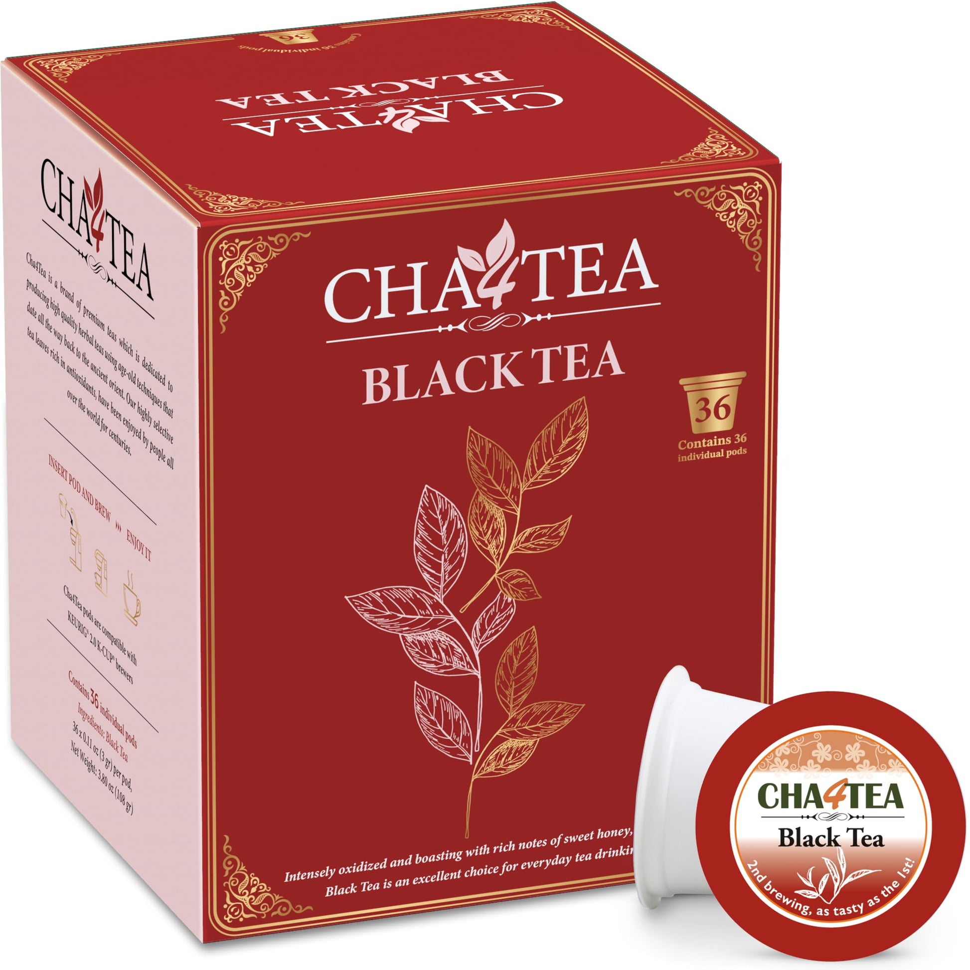 Cha4TEA Black Tea Pods for Keurig K-Cup Brewers, 36 Count, Model TE-002-1